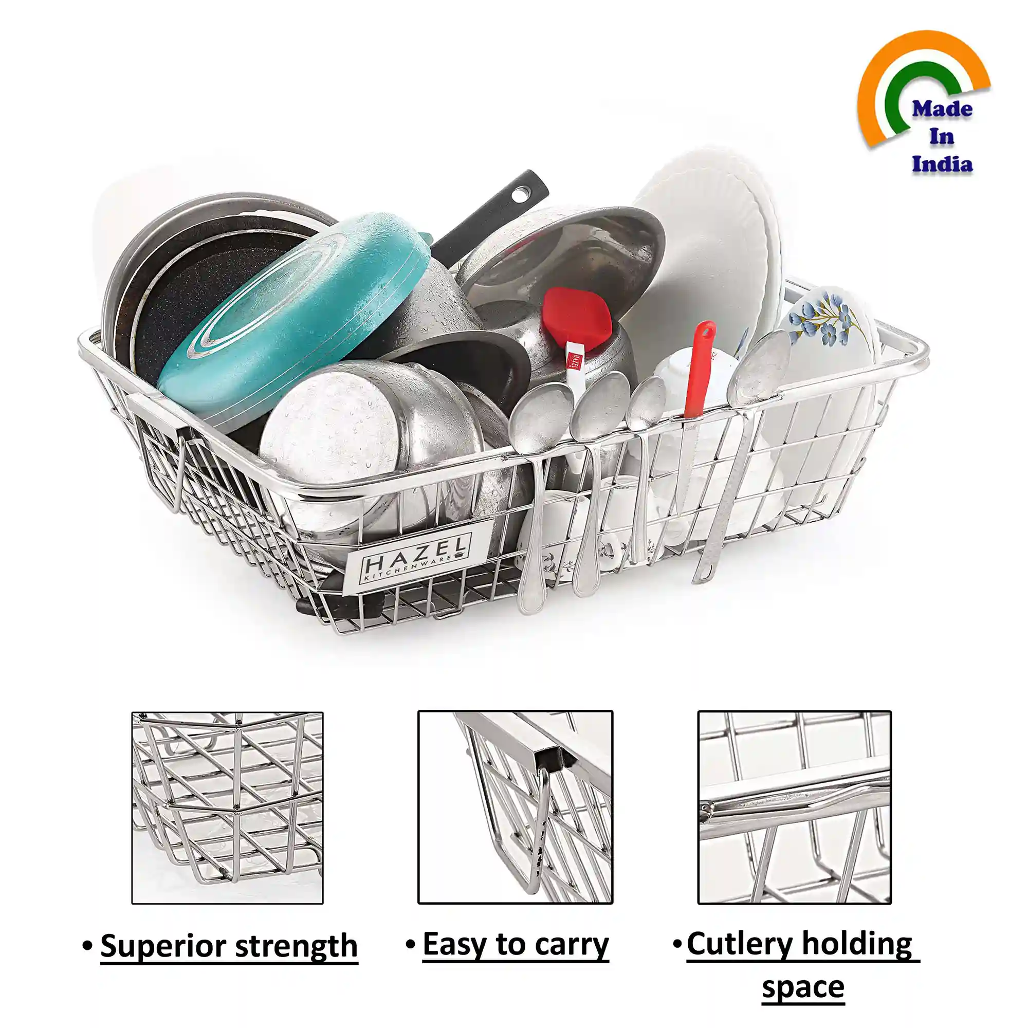 HAZEL Stainless Steel Dish Drainer Basket for Kitchen I Large Size Utensils Rack for Kitchen I Rectangle Shape Utensil Basket, Silver I Daily Use Kitchen Storage Rack