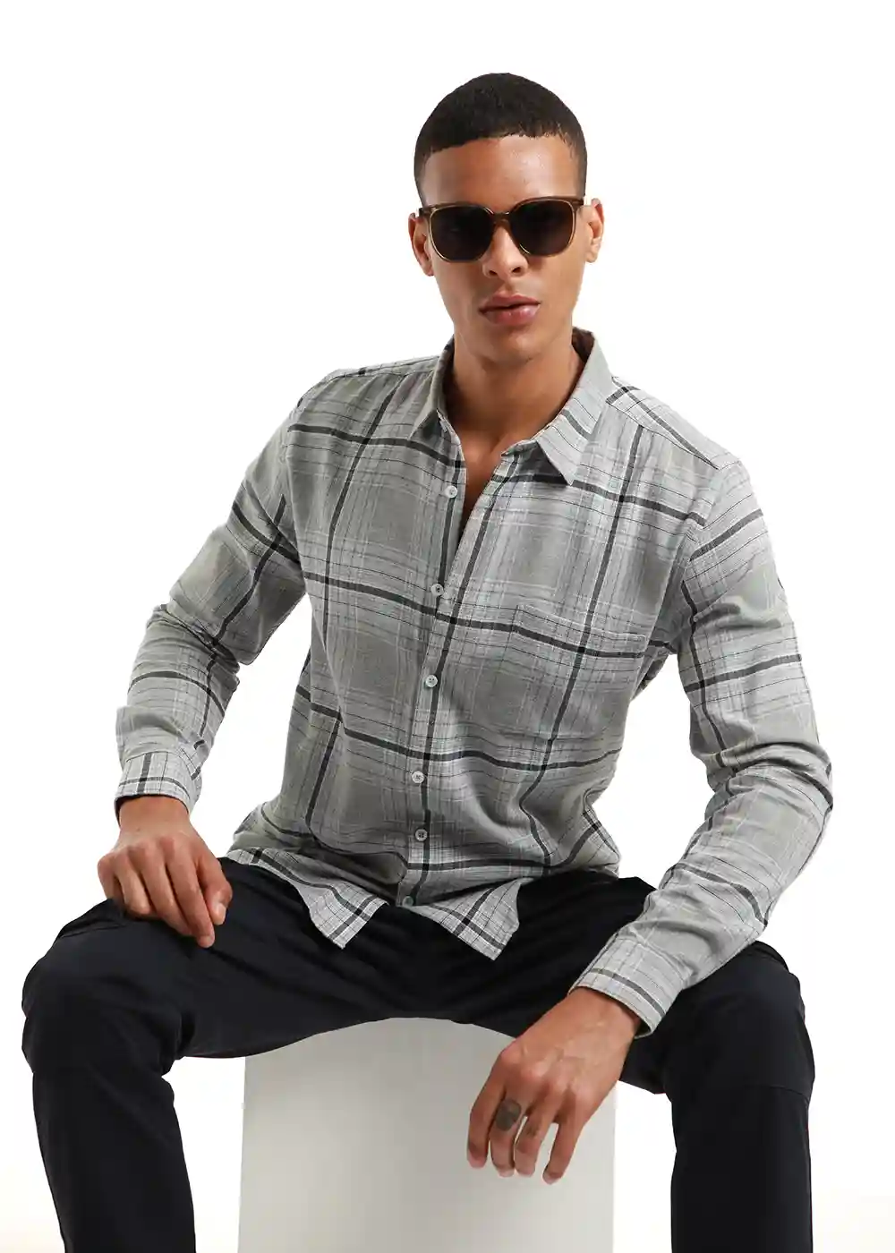 Banana Club Melange Glacier Grey Check Shirt- (Small)