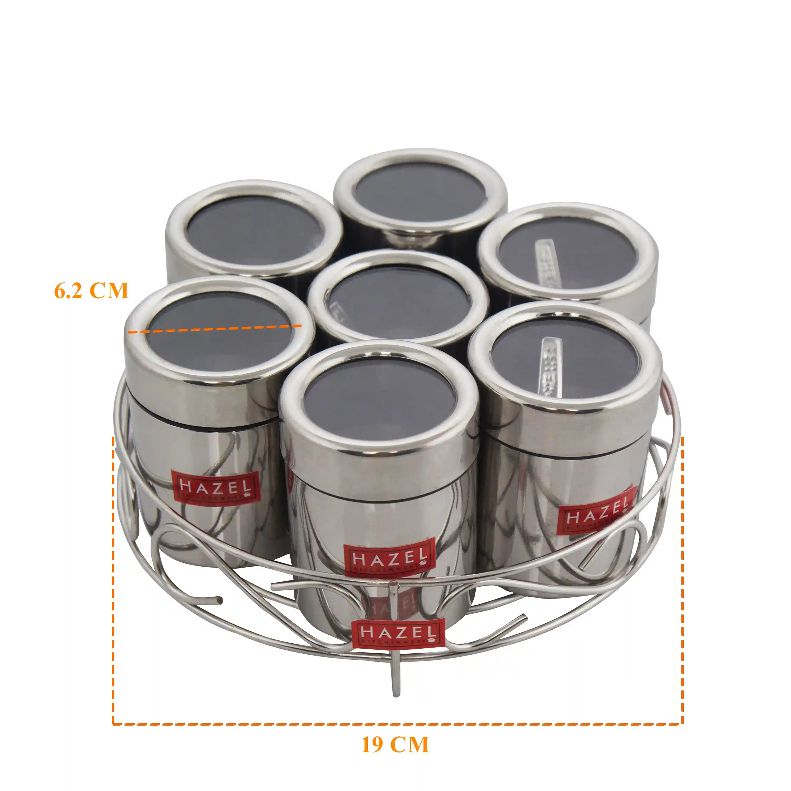 HAZEL Stainless Steel Masala Container | Set of 7 Masala Boxes for Kitchen with 7 Spoons | Small Container for Spices | Airtight Silver Color Box with Glossy Finish
