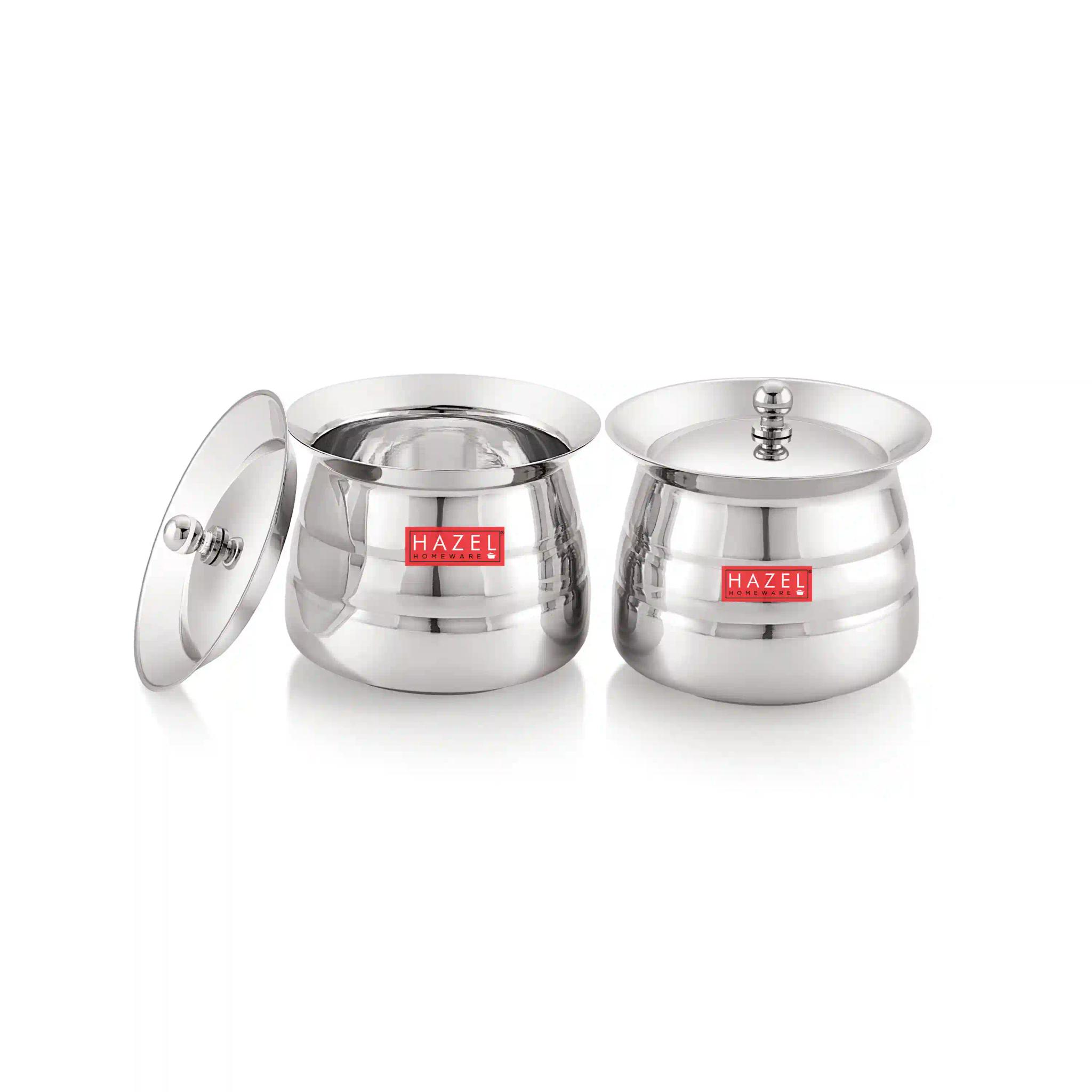 HAZEL Stainless Steel Serving Handi Set of 2 | Dal Handi Set for Serving | Serving Handi Small with Lid | 2 Piece Serving Pot, 850 ml