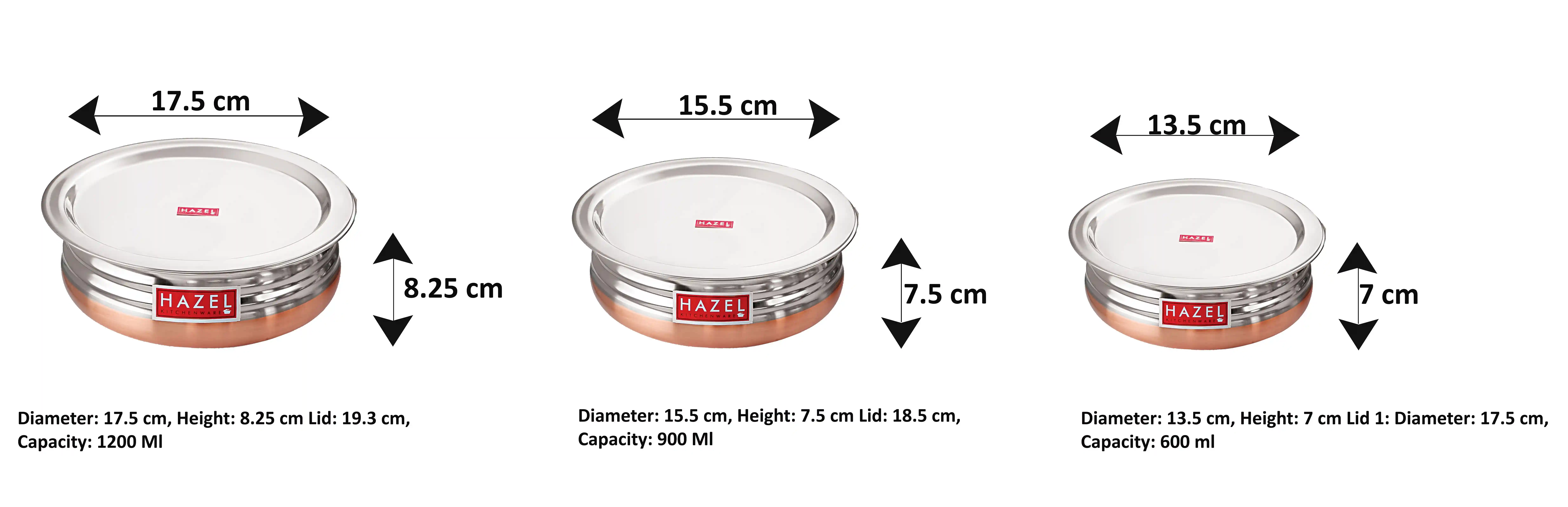 HAZEL Copper Bottom Urli Handi Set with Lid Cover| Premium Stainless Steel Cookware Set | Serving Cooking Tope Bowl for Kitchen | Copper Bottom Vessels for Cooking, 3 Piece