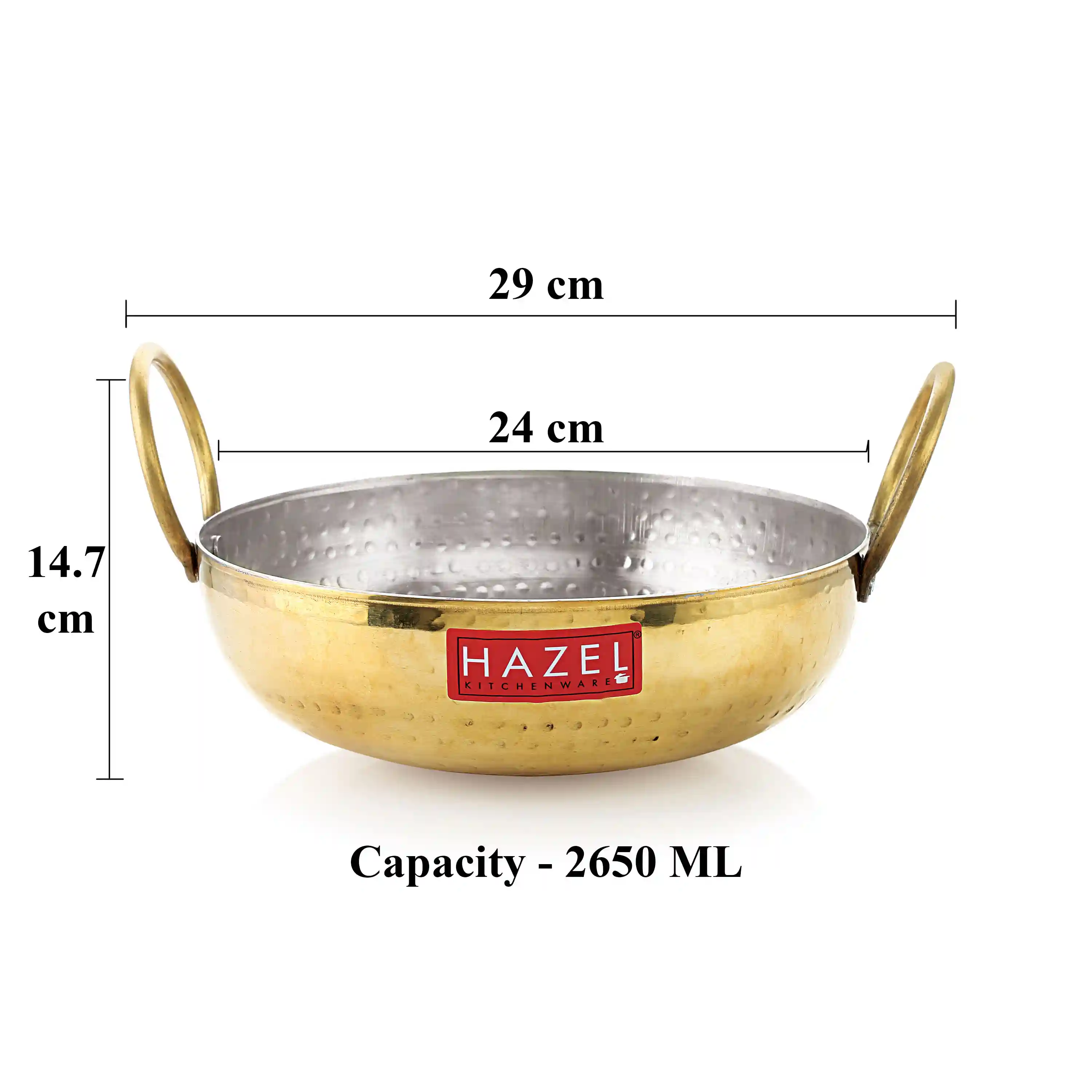 HAZEL Brass Kadai with Kalai | 100% Pure Brass Kadhai with Tin Coating | Brass Kadai for Cooking and Serving | Brass Utensils for Kitchen, 2650 ML, 24 cm