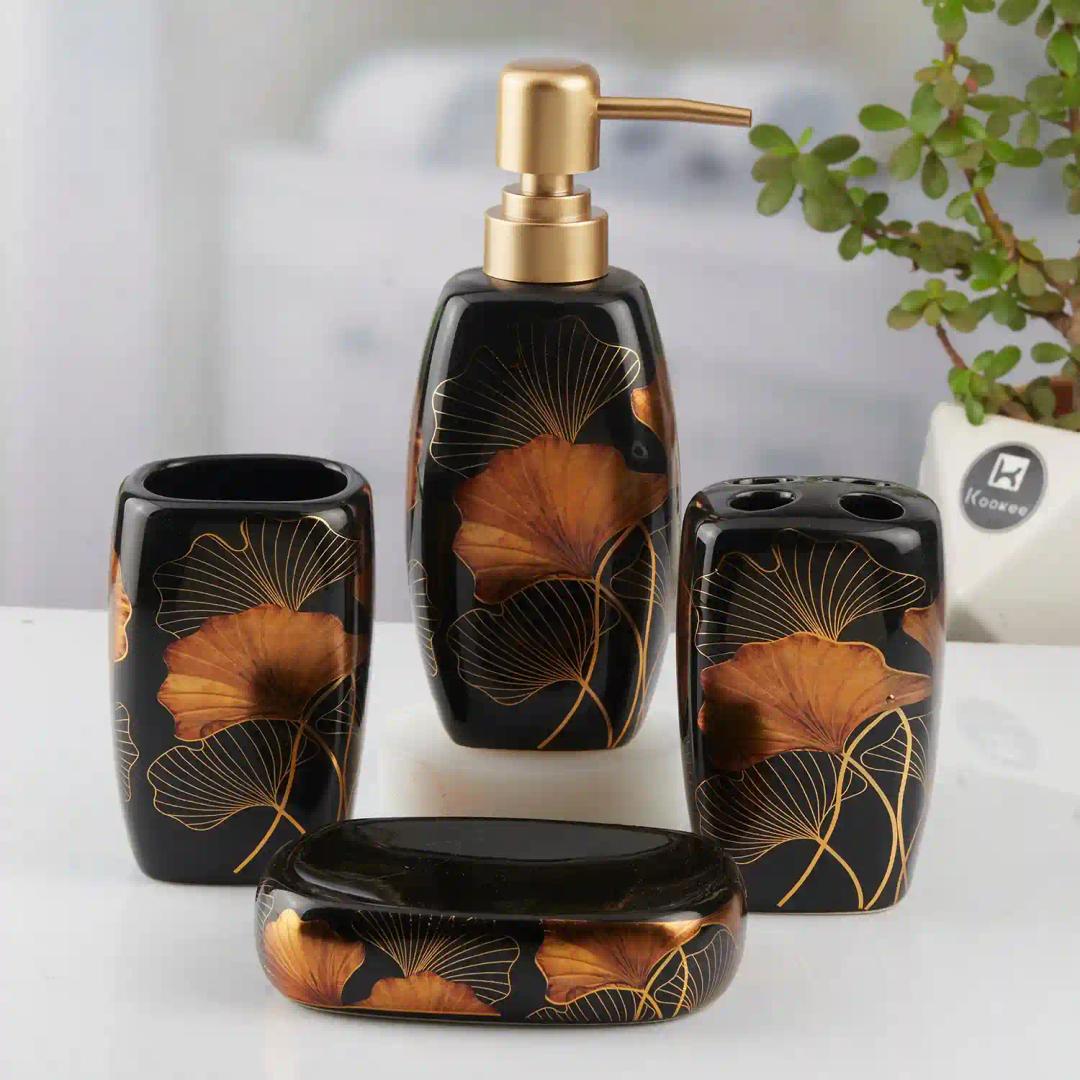 Kookee Ceramic Bathroom Accessories Set of 4, Modern Bath Set with Liquid hand wash Soap Dispenser and Toothbrush holder, Luxury Gift Accessory for Home, Black (10396)