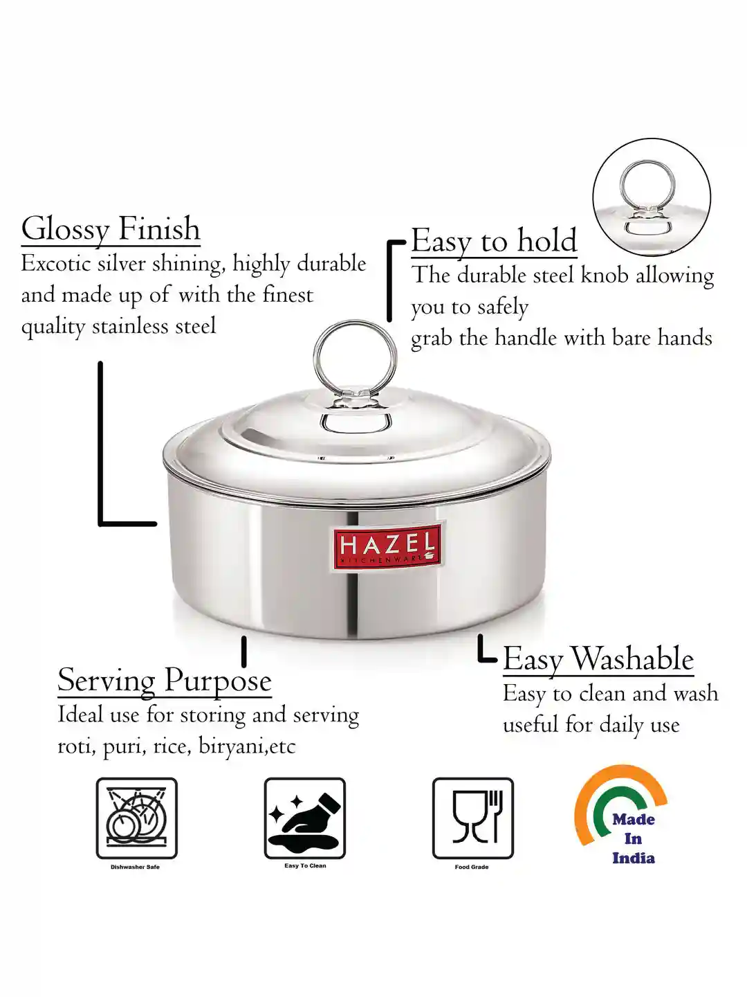 HAZEL Stainless Steel Casserole for Roti With Lid | Chapati Casserole with Lid | Steel Roti Dabba for Serving | Hotcase for food serving, Silver (Stainless Steel, 1550 ML)