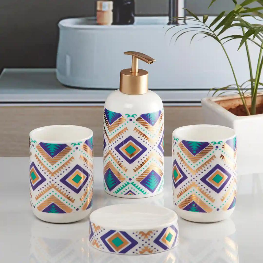 Kookee Ceramic Bathroom Accessories Set of 4, Modern Bath Set with Liquid handwash Soap Dispenser and Toothbrush holder, Luxury Gift Accessory for Home - Multicolor (10076)