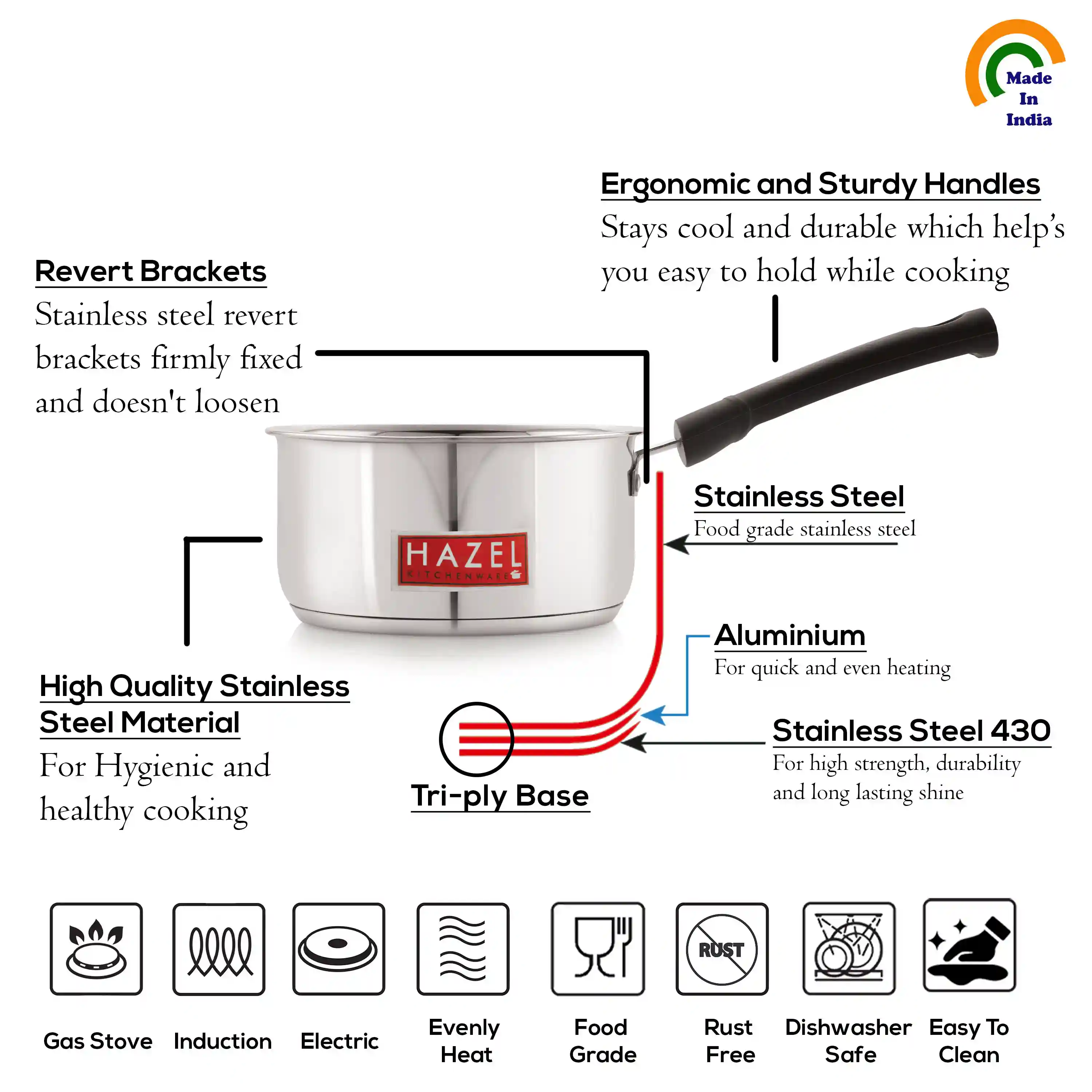 HAZEL Induction Bottom Sauce Pan Stainless Steel Saucepan Deep Bottom with Handle Induction Base for Tea Milk Maker Vessel Cooking, 16.1 cm, 1650 ML