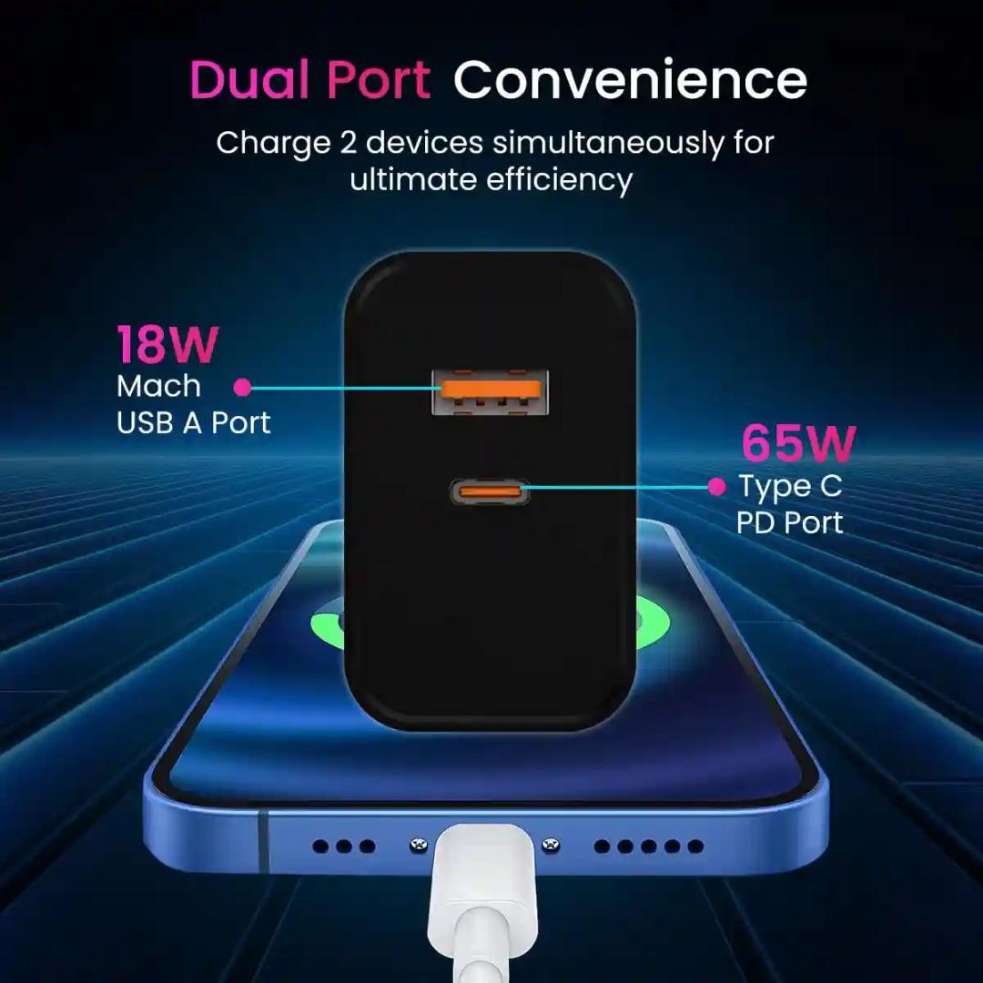 Portronics Adapto 65 Pro 65 W SuperVooc/Dash/Wrap Adaptor, Dual Ports Outputs GaN Fast Wall Charger comes with 100 W Unbreakable Nylon Braided Type C to Type C fast charging cable(Black)