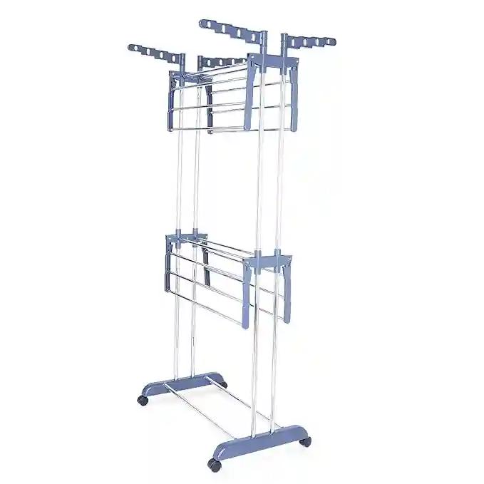 LiMETRO Double Pole 2 Layer Clothes Drying Stand | Space Saving, Portable, Easy to Assembel and Foldable Wings (Plastic & Stainless Steel) (2 Layer)