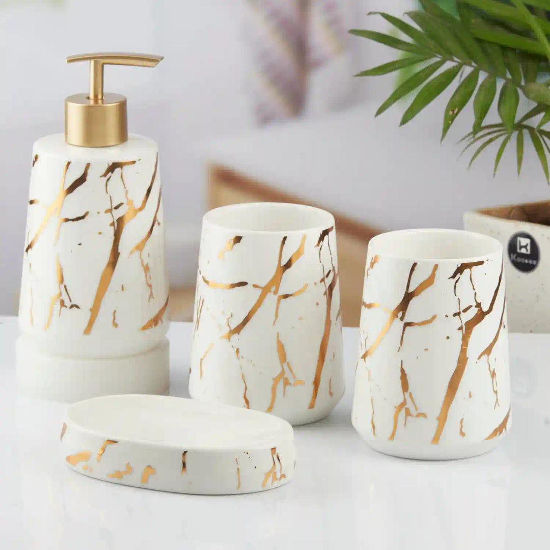 Kookee Ceramic Bathroom Accessories Set of 4, Modern Bath Set with Liquid hand wash Soap Dispenser and Toothbrush holder, Luxury Gift Accessory for Home, White/Gold (10456)