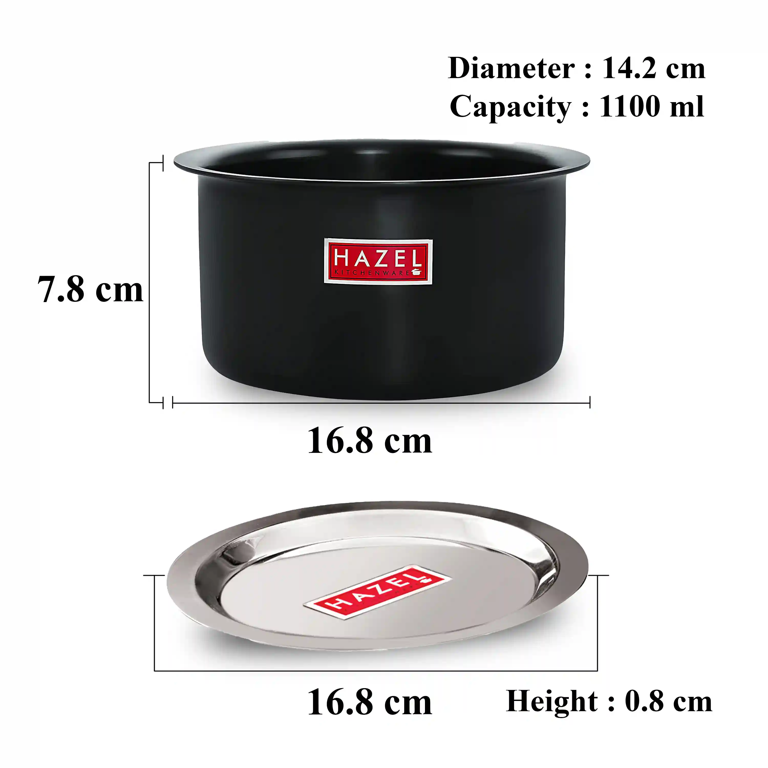 HAZEL Hard Anodised Aluminium Tope with Lid | Hard Anodised Cookware Boiling Tope Patila with Steel Lid Cover for Cooking (Tope Capacity 1100ml, Lid 16.8 cm), Black