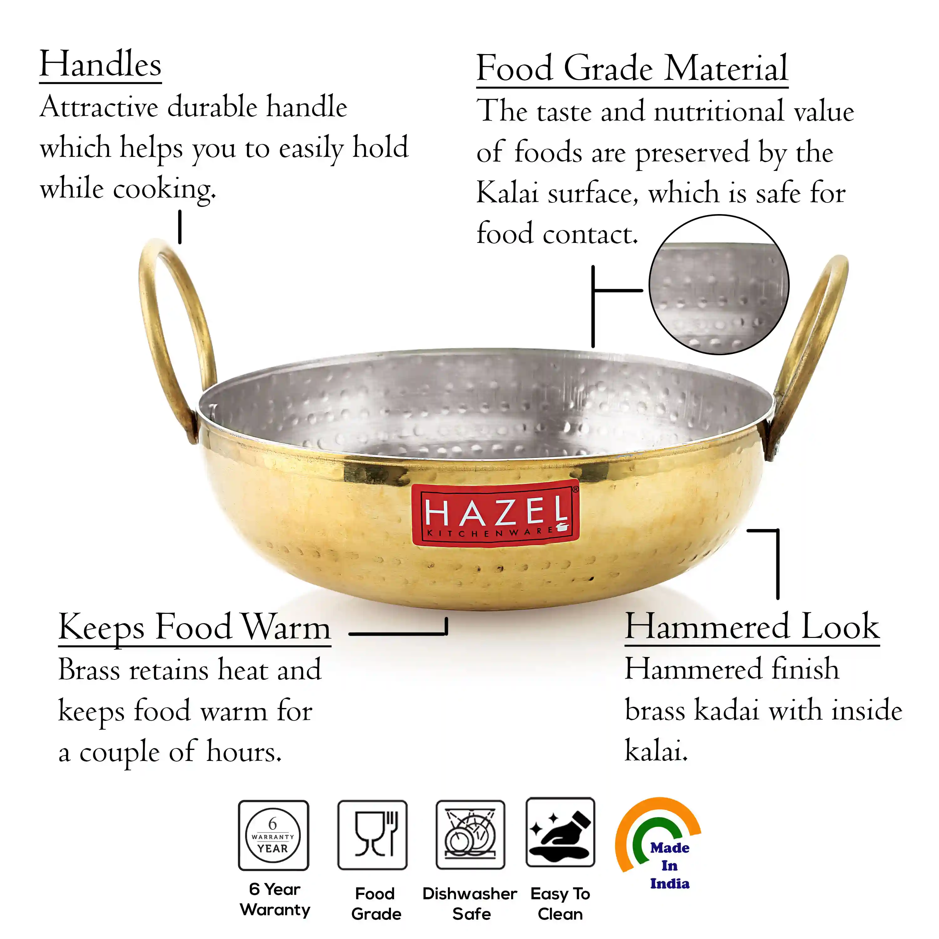 HAZEL Brass Kadai with Kalai | 100% Pure Brass Kadhai with Tin Coating | Brass Kadai for Cooking and Serving | Brass Utensils for Kitchen, 2650 ML, 24 cm