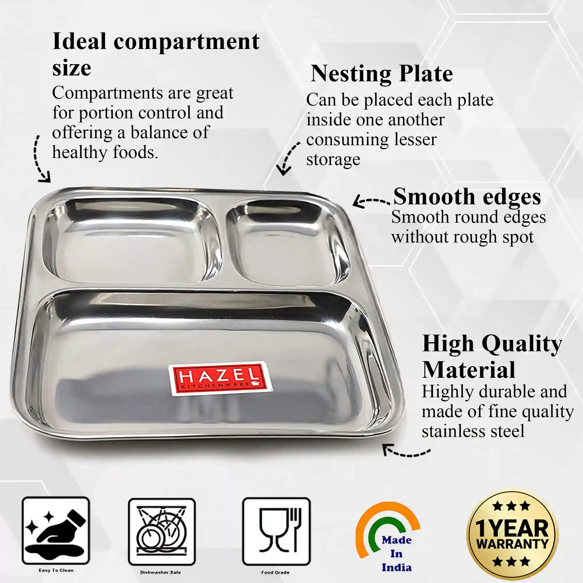 HAZEL Pav Bhaji Plates for Restaurant | Stainless Steel Compartment Plate | 3 in 1 Mess Plate Steel (SS, Small, Set of 1)