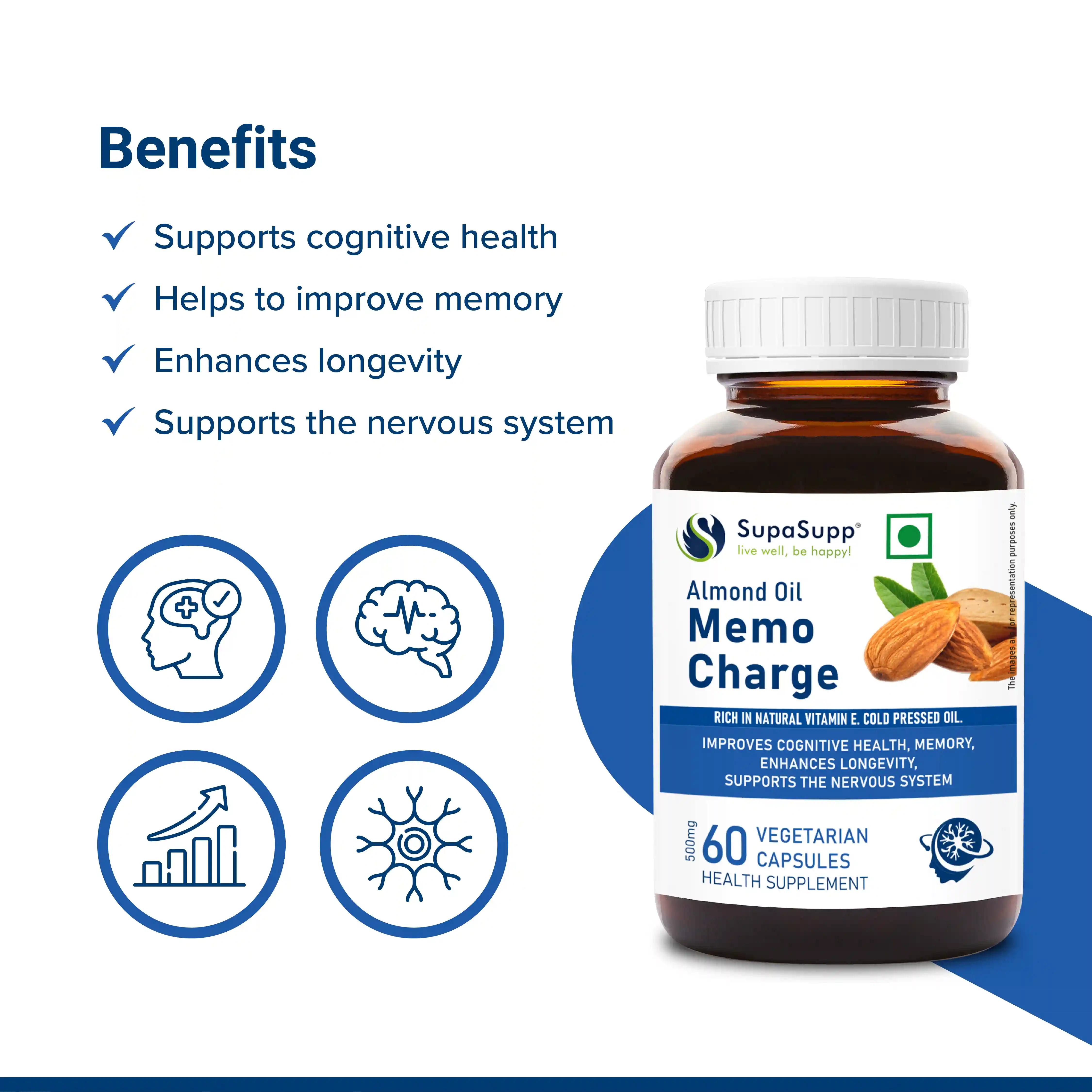 Sri Sri Tattva Supa Supp Almond Oil Memo Charge 60 Veg Cap, 500 Mg - Improves Memory, Enhances Longevity, Supports Nervous System | Vitamin E | Health Supplement