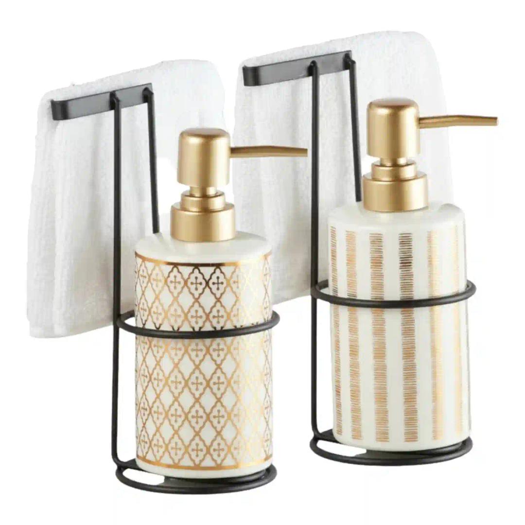 Kookee Ceramic Soap Dispenser for Bathroom hand wash, refillable pump bottle for Kitchen hand wash basin, Set of 2, White/Gold (11030)