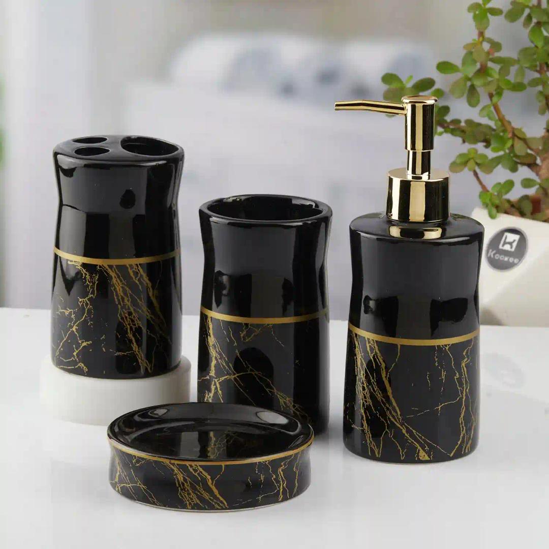 Kookee Ceramic Bathroom Accessories Set of 4, Modern Bath Set with Liquid hand wash Soap Dispenser and Toothbrush holder, Luxury Gift Accessory for Home, Black/Gold (10475)