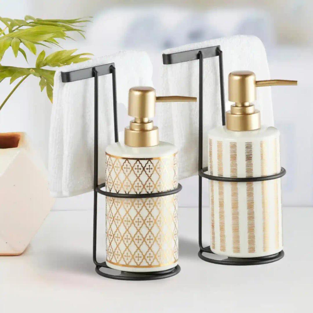 Kookee Ceramic Soap Dispenser for Bathroom hand wash, refillable pump bottle for Kitchen hand wash basin, Set of 2, White/Gold (11030)