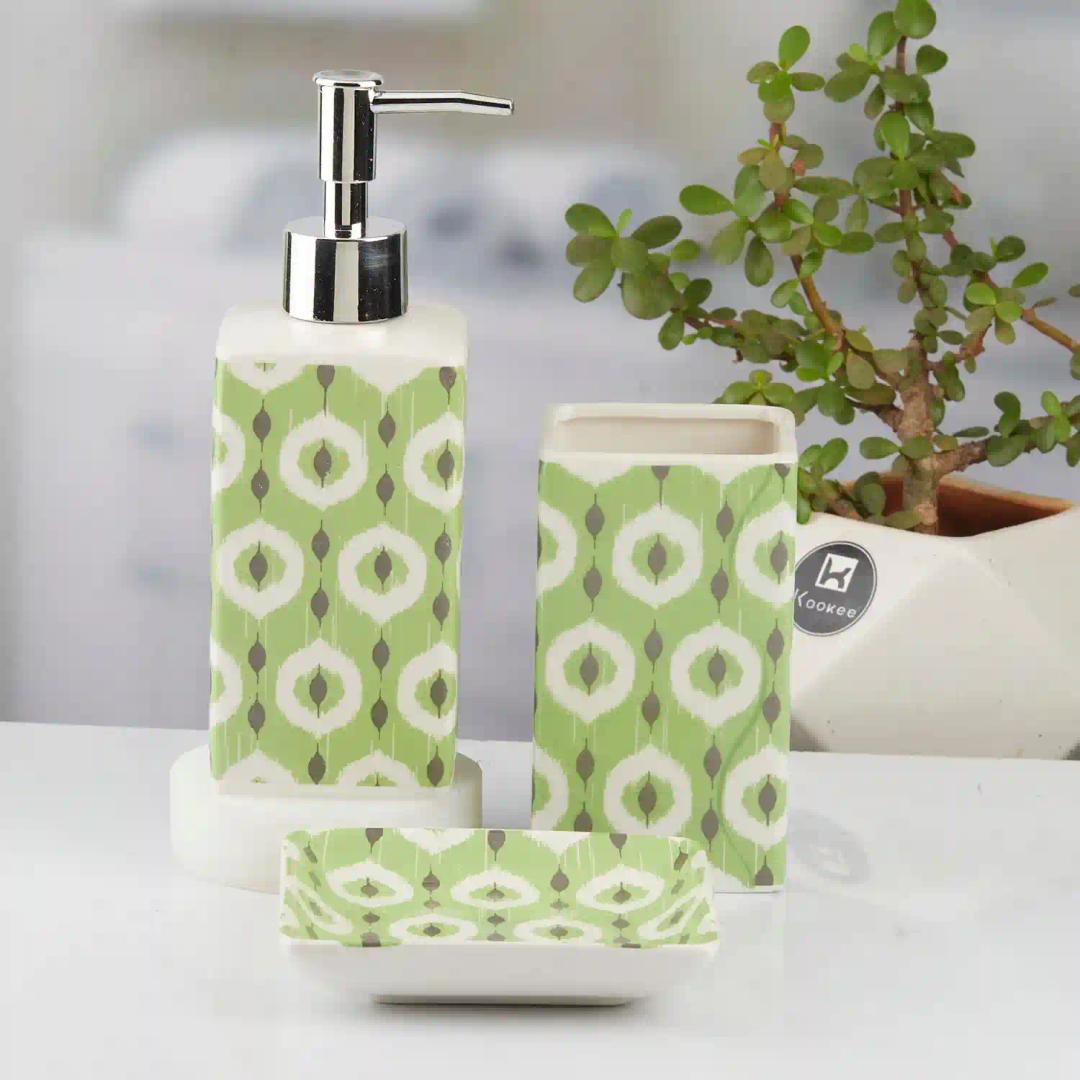 Kookee Ceramic Bathroom Accessories Set of 3, Modern Bath Set with Liquid hand wash Soap Dispenser and Toothbrush holder, Luxury Gift Accessory for Home, Green (10421)