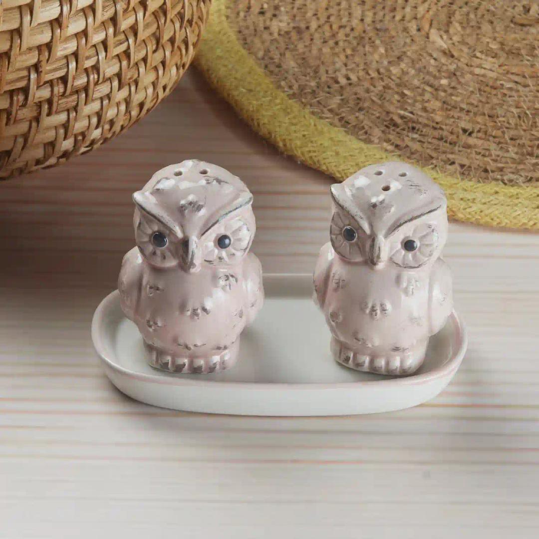 Kookee Ceramic Salt and Pepper Shakers Set with tray for Dining Table used as Namak Dhani, Shaker, Sprinkler, Spices Dispenser for Home, Kitchen and Restaurant, Owl Design, Pink