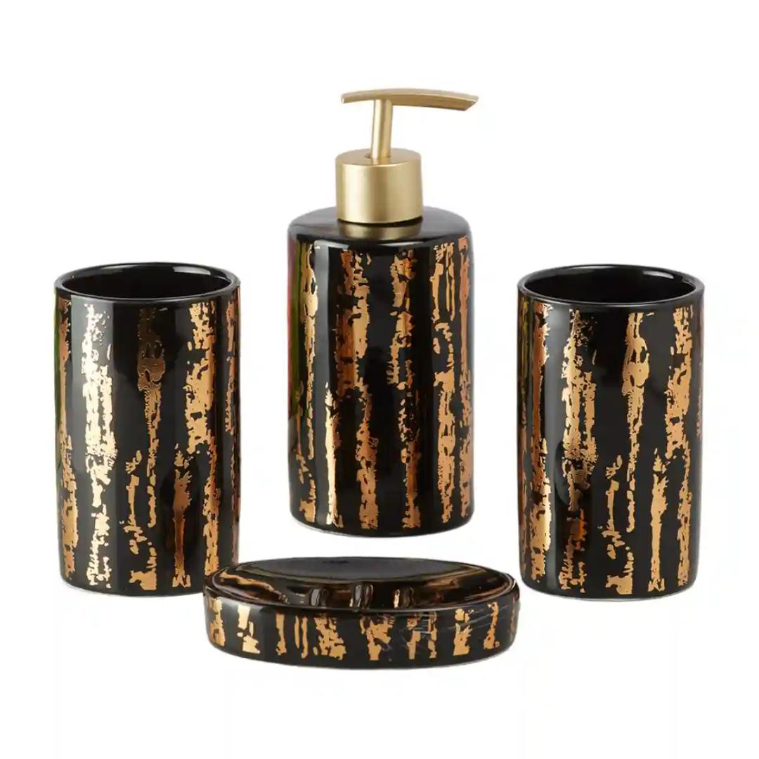 Kookee Ceramic Bathroom Accessories Set of 4, Modern Bath Set with Liquid handwash Soap Dispenser and Toothbrush holder, Luxury Gift Accessory for Home - Black (10083)