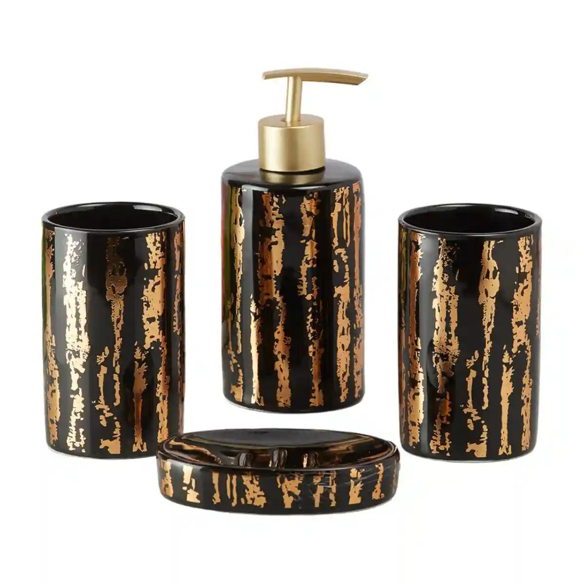 Kookee Ceramic Bathroom Accessories Set of 4, Modern Bath Set with Liquid handwash Soap Dispenser and Toothbrush holder, Luxury Gift Accessory for Home - Black (10083)