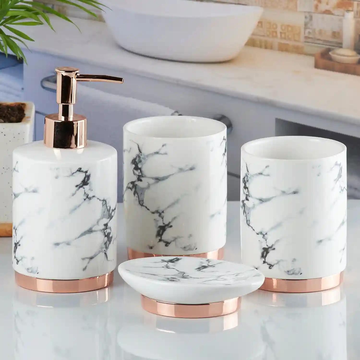 Kookee Ceramic Bathroom Accessories Set of 4, Modern Bath Set with Liquid handwash Soap Dispenser and Toothbrush holder, Luxury Gift Accessory for Home - White (9600)