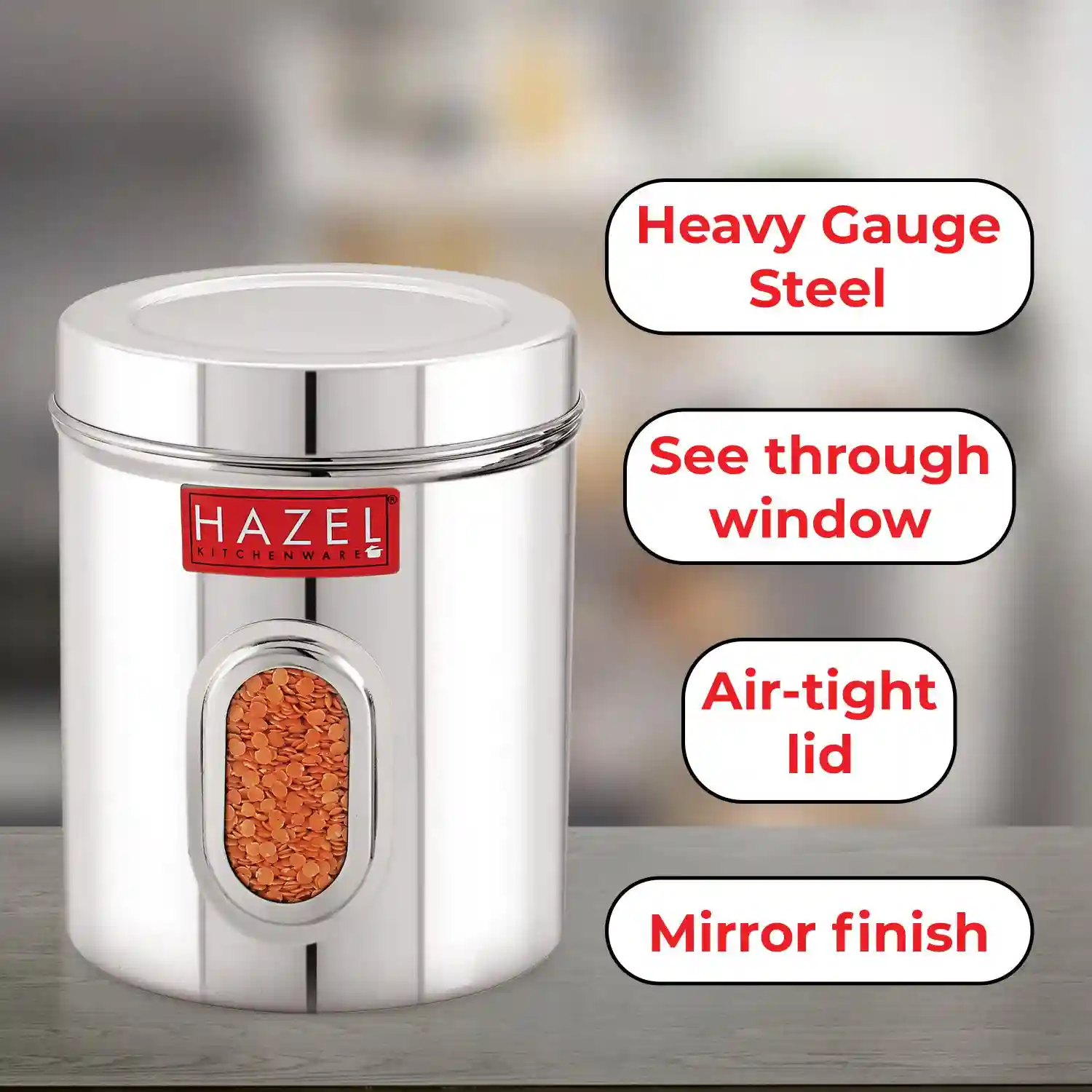 HAZEL Steel Kitchen Storage Containers | Tranparent Air Tight Containers for Storage, 1000 ML, Set of 2