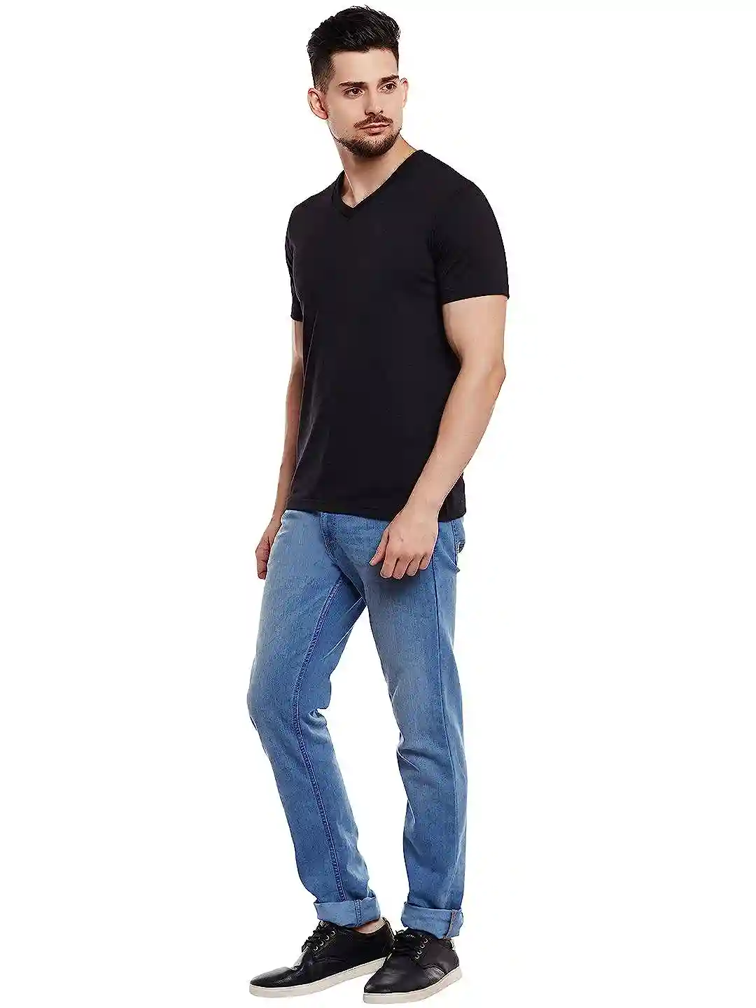 V-Neck Cotton T-shirt for Men - Black (Small)