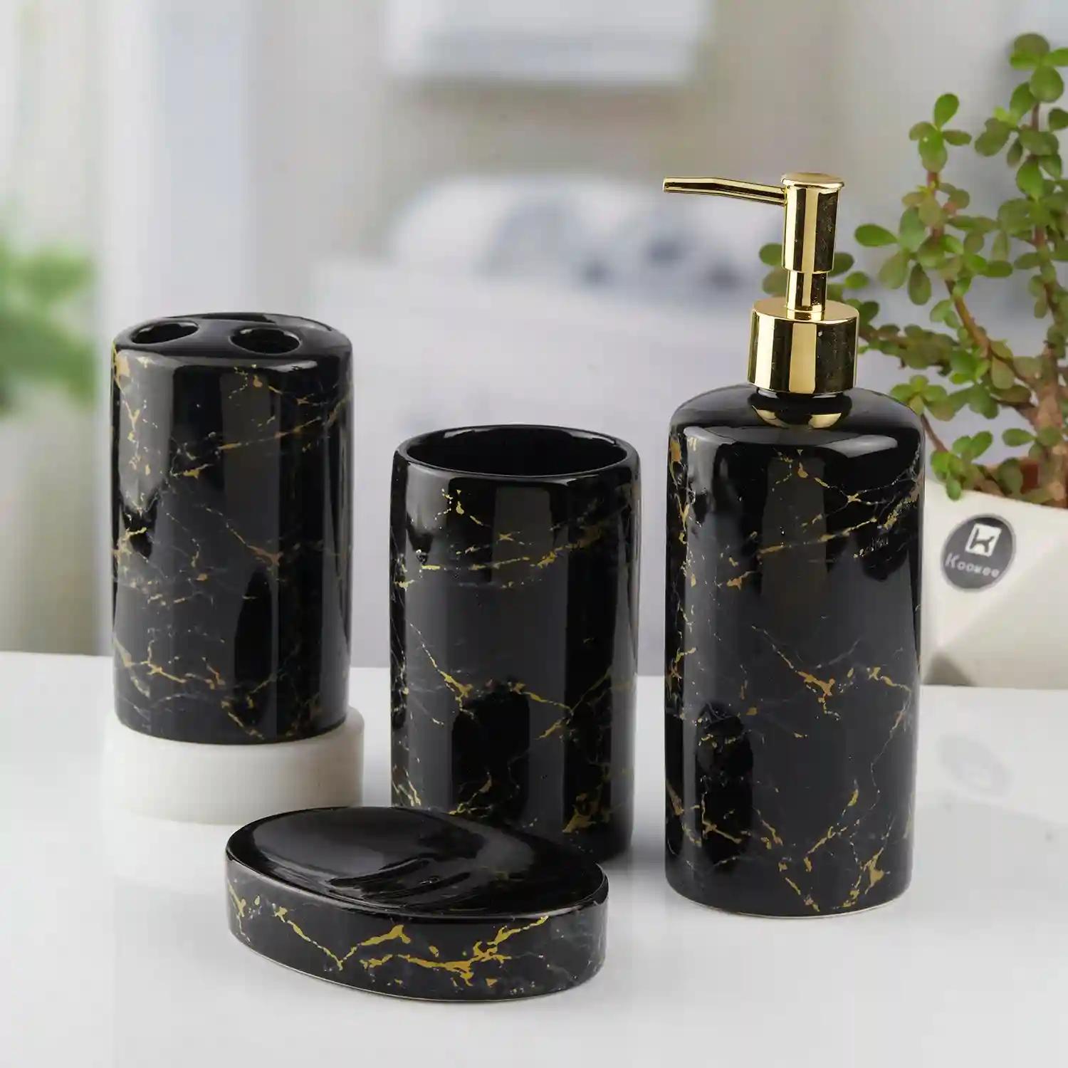 Kookee Ceramic Bathroom Accessories Set of 4, Modern Bath Set with Liquid hand wash Soap Dispenser and Toothbrush holder, Luxury Gift Accessory for Home, Black (10390)