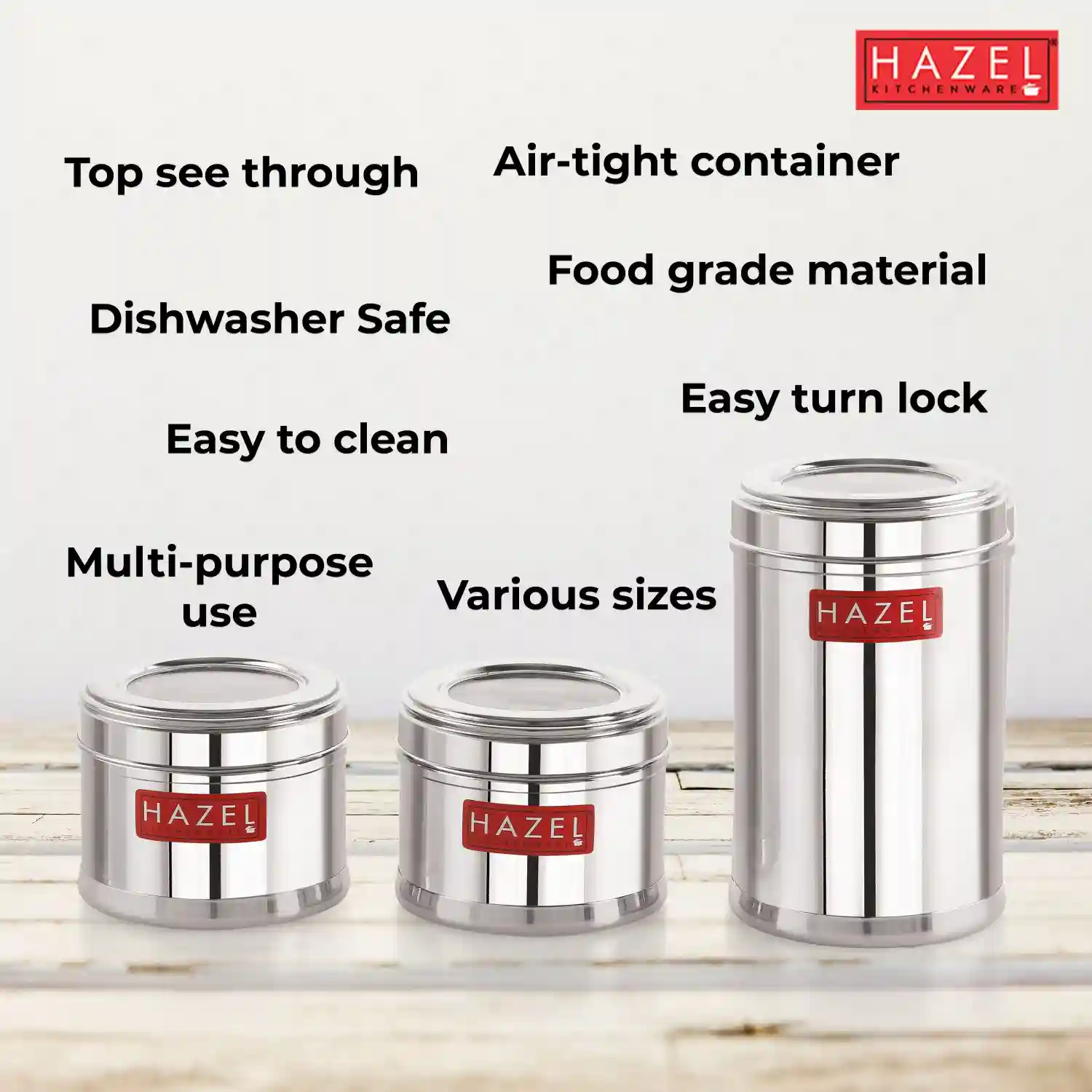 HAZEL Stainless Steel Container for Kitchen Storage Set of 3 | Stainless Steel Top See Through Storage Containers for Kitchen Airtight