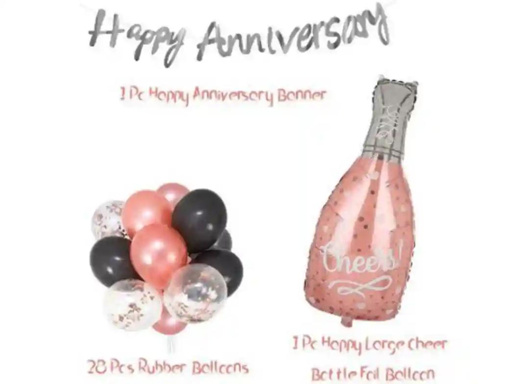 TrendzyKart Happy Anniversary Decoration Set Cheer Bottle And Foil Balloons (Rose Gold)