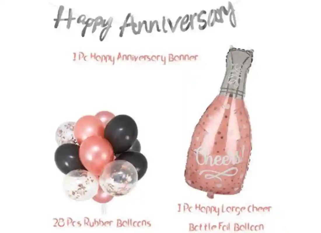 TrendzyKart Happy Anniversary Decoration Set Cheer Bottle And Foil Balloons (Rose Gold)