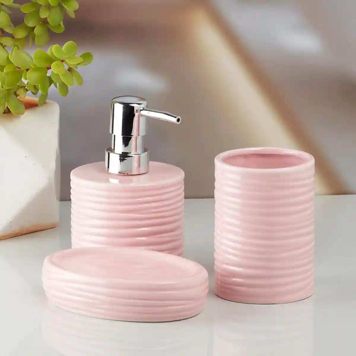 Kookee Ceramic Bathroom Accessories Set of 3, Modern Bath Set with Liquid handwash Soap Dispenser and Toothbrush holder, Luxury Gift Accessory for Home - Pink (10196)