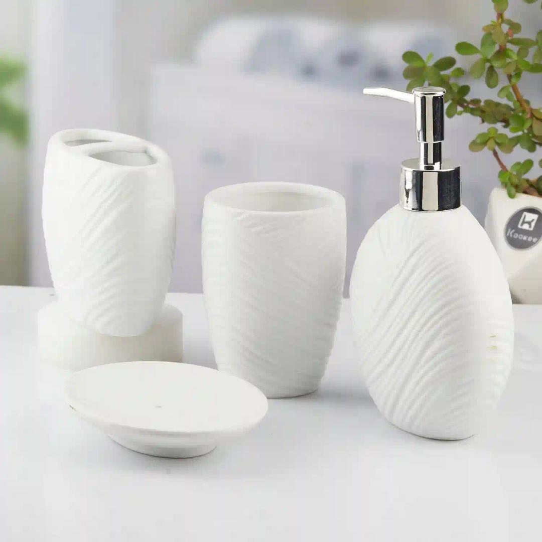 Kookee Ceramic Bathroom Accessories Set of 4, Modern Bath Set with Liquid hand wash Soap Dispenser and Toothbrush holder, Luxury Gift Accessory for Home, White (10431)