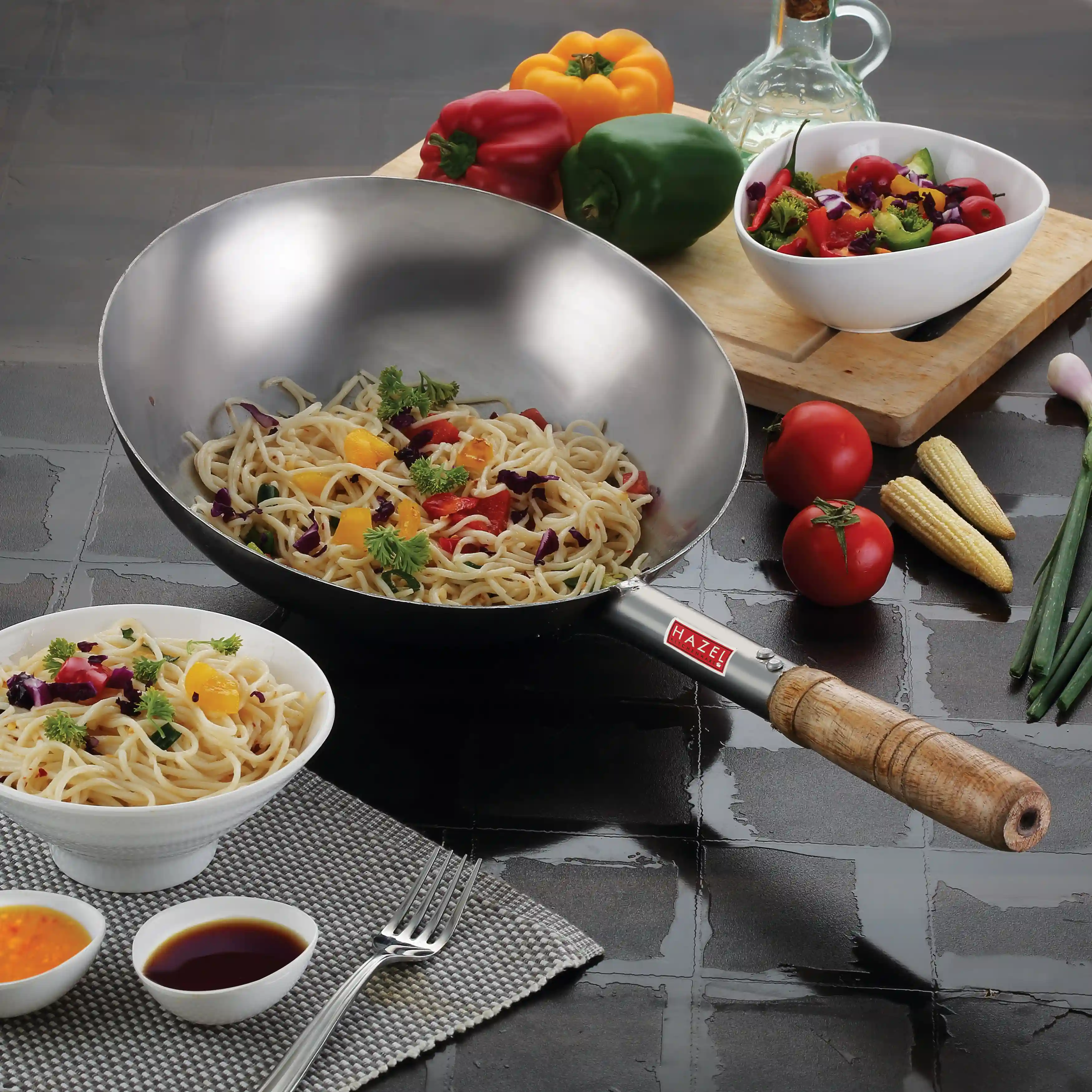 HAZEL Chinese Wok with Handle | Stainless Steel Chinese Kadai for Noodles | Fried Rice Kadai with Handle| Deep Fry Pan. 28.5 cm, 2900 ML