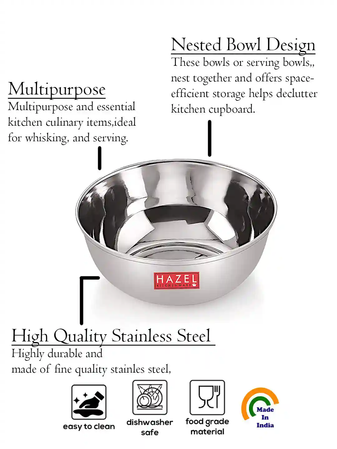 HAZEL Stainless Steel Bowl Vati | Steel Bowl Set for Kitchen | Dinner Bowl Katori Serving Wati, 270 ML, Set of 3