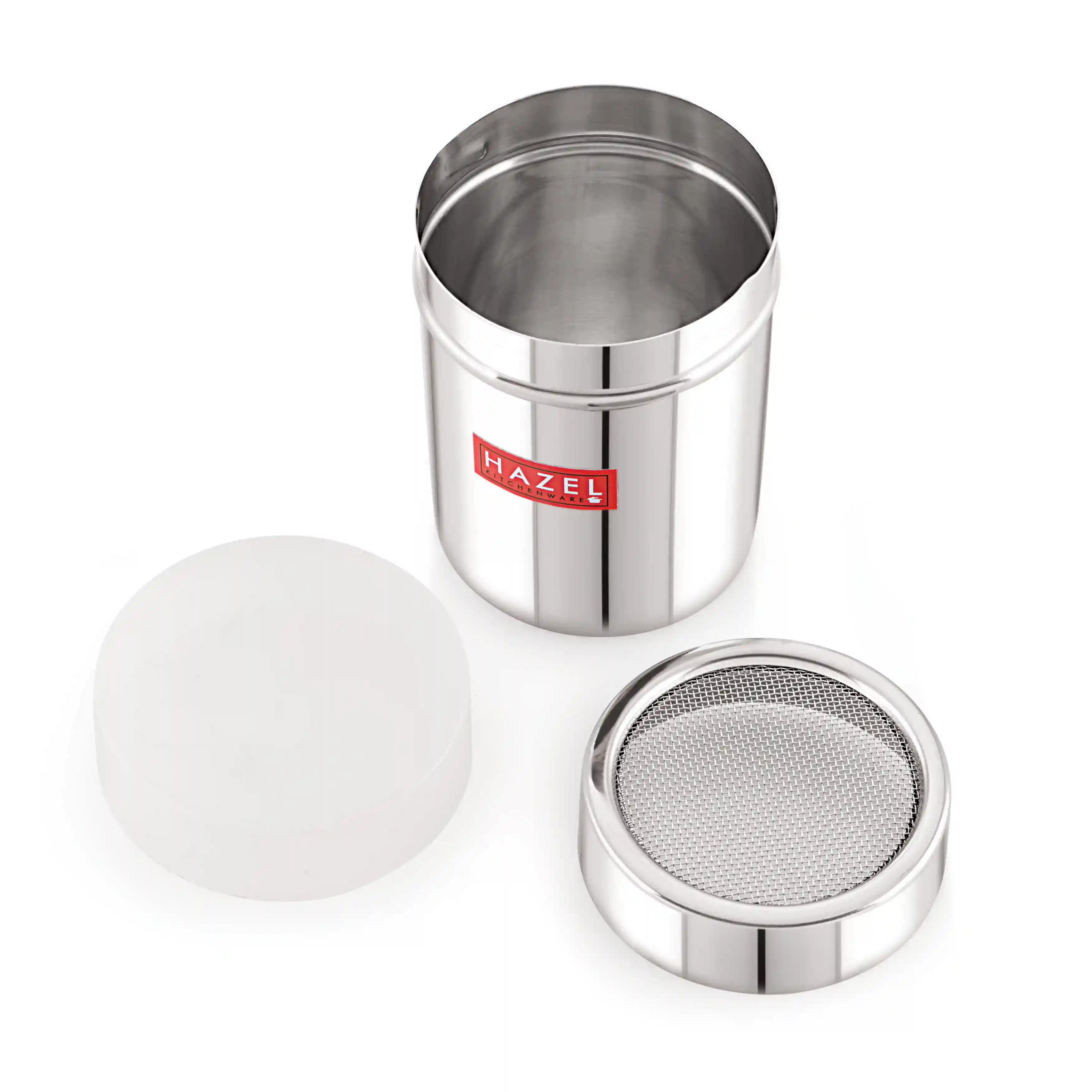 HAZEL Stainless Steel Chocolate Shaker | Chat Masala Sprinkler | Cocoa Flour Icing Sugar Powder Coffee Sifter with Lid Kitchen Tools, Capacity 310 ml, Silver