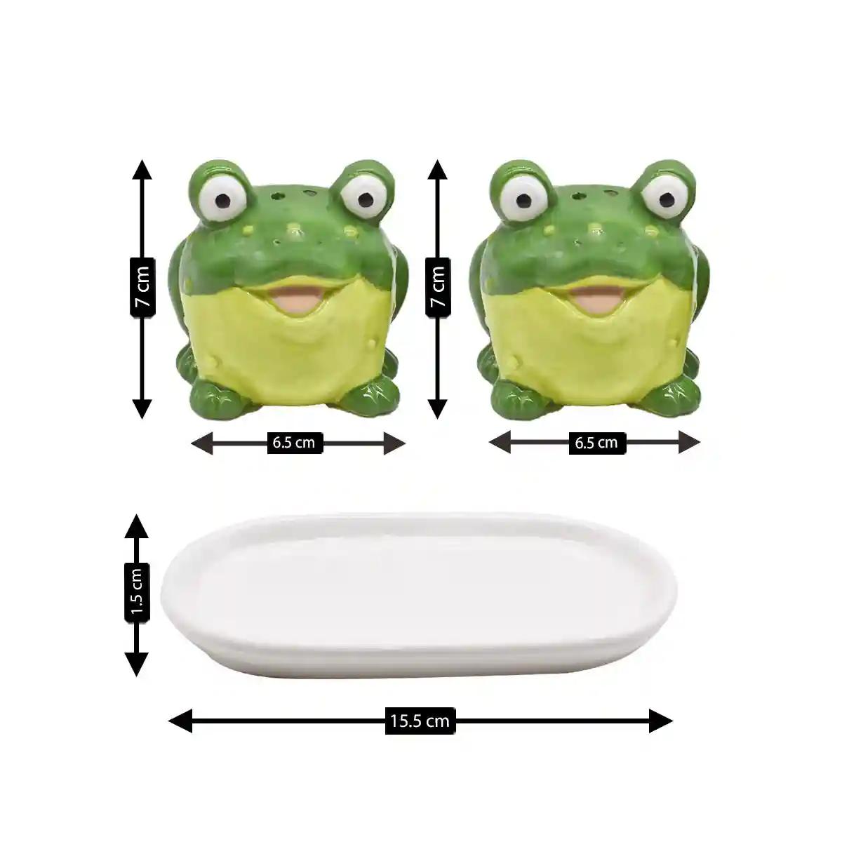 Kookee Ceramic Salt and Pepper Shakers Set with tray for Dining Table used as Namak Dhani, Shaker, Sprinkler, Spices Dispenser for Home, Kitchen and Restaurant, Frog Design, Green (8569)