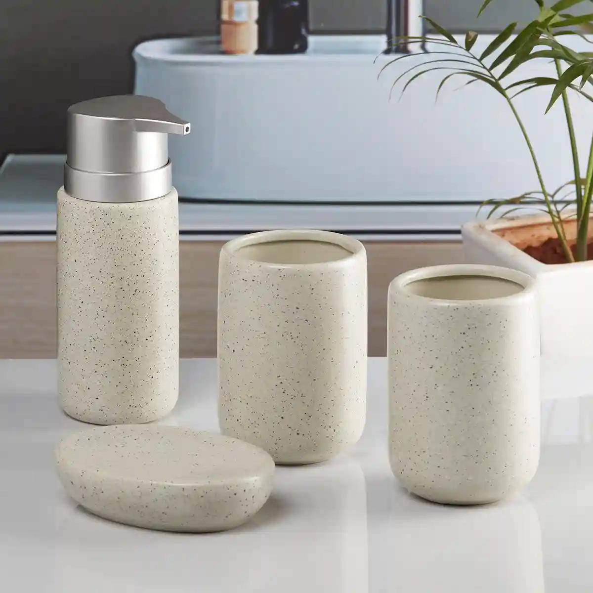 Kookee Ceramic Bathroom Accessories Set of 4, Modern Bath Set with Liquid handwash Soap Dispenser and Toothbrush holder, Luxury Gift Accessory for Home - Off White (10091)