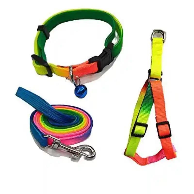 PSK PET MART Durable Nylon Colourful Rainbow Adjustable Puppy Leash Harness & Collar Perfect For Dog, Puppy Leash And Harness Training, Walking
