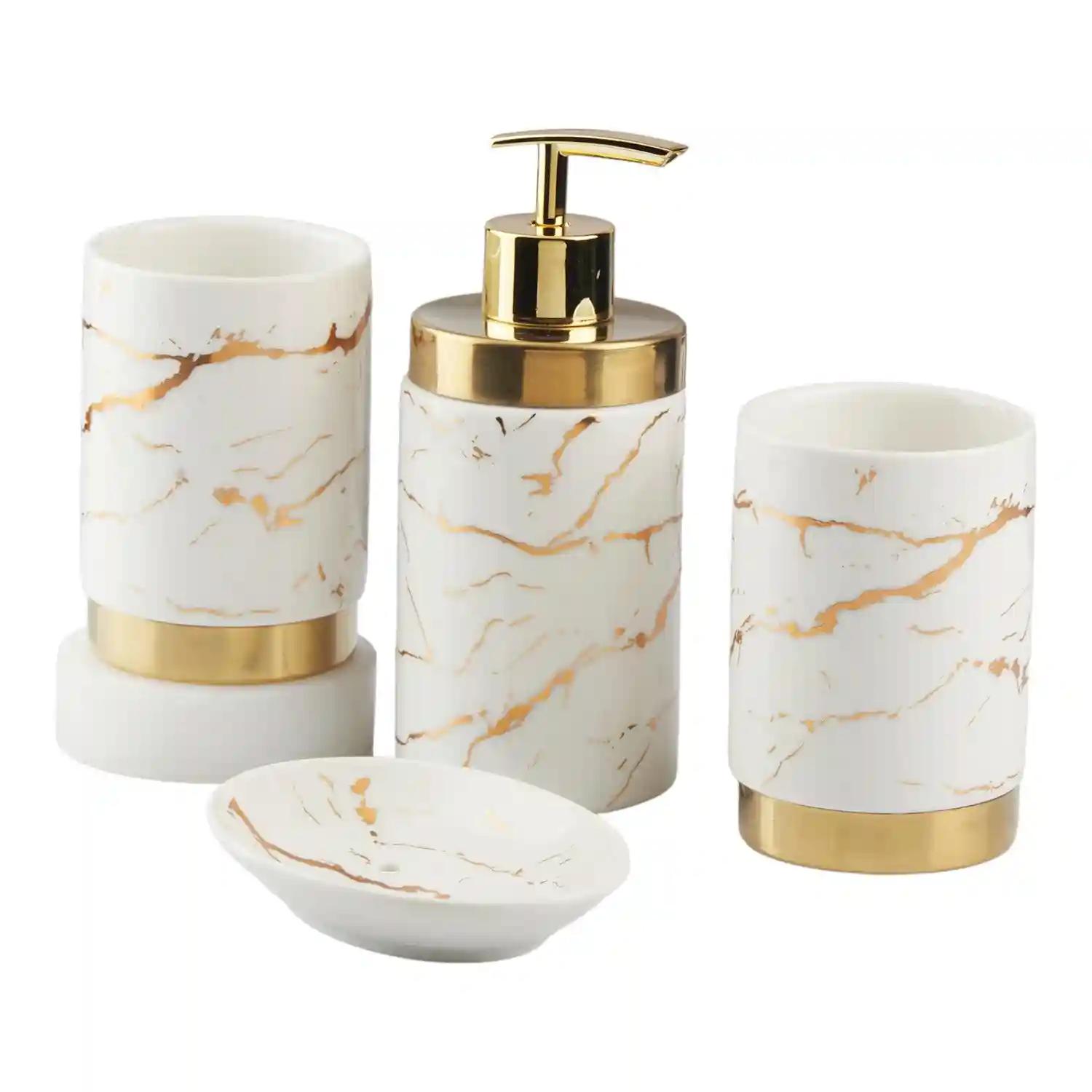 Kookee Ceramic Bathroom Accessories Set of 4, Modern Bath Set with Liquid hand wash Soap Dispenser and Toothbrush holder, Luxury Gift Accessory for Home, White/Gold (10382)