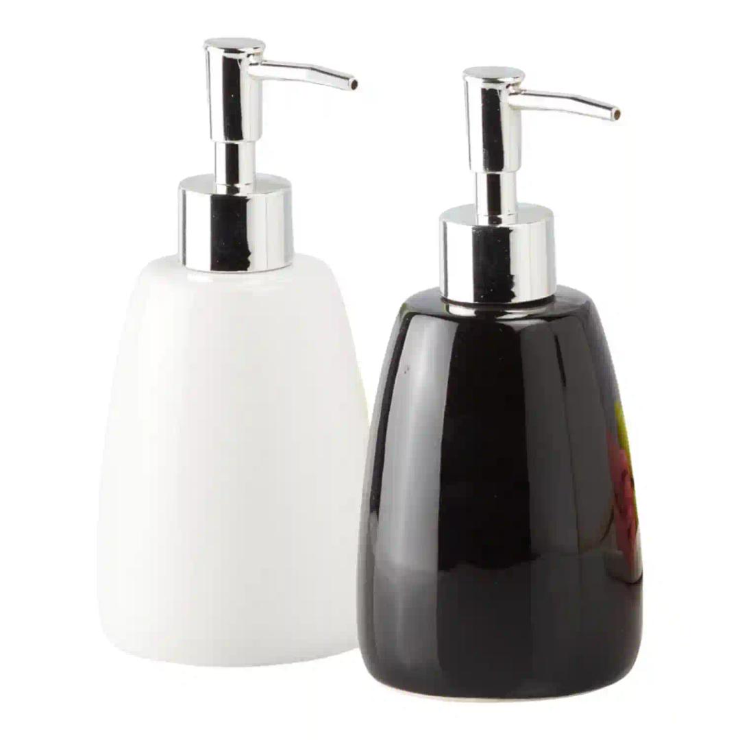 Kookee Ceramic Soap Dispenser for Bathroom hand wash, refillable pump bottle for Kitchen hand wash basin, Set of 2, Black/White (11014)