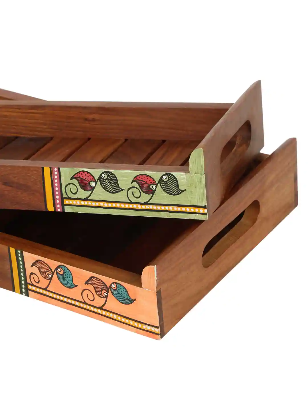 Shilpkara Shades of a Leaf Madhubani Handpainted Rose Wooden Nested Trays