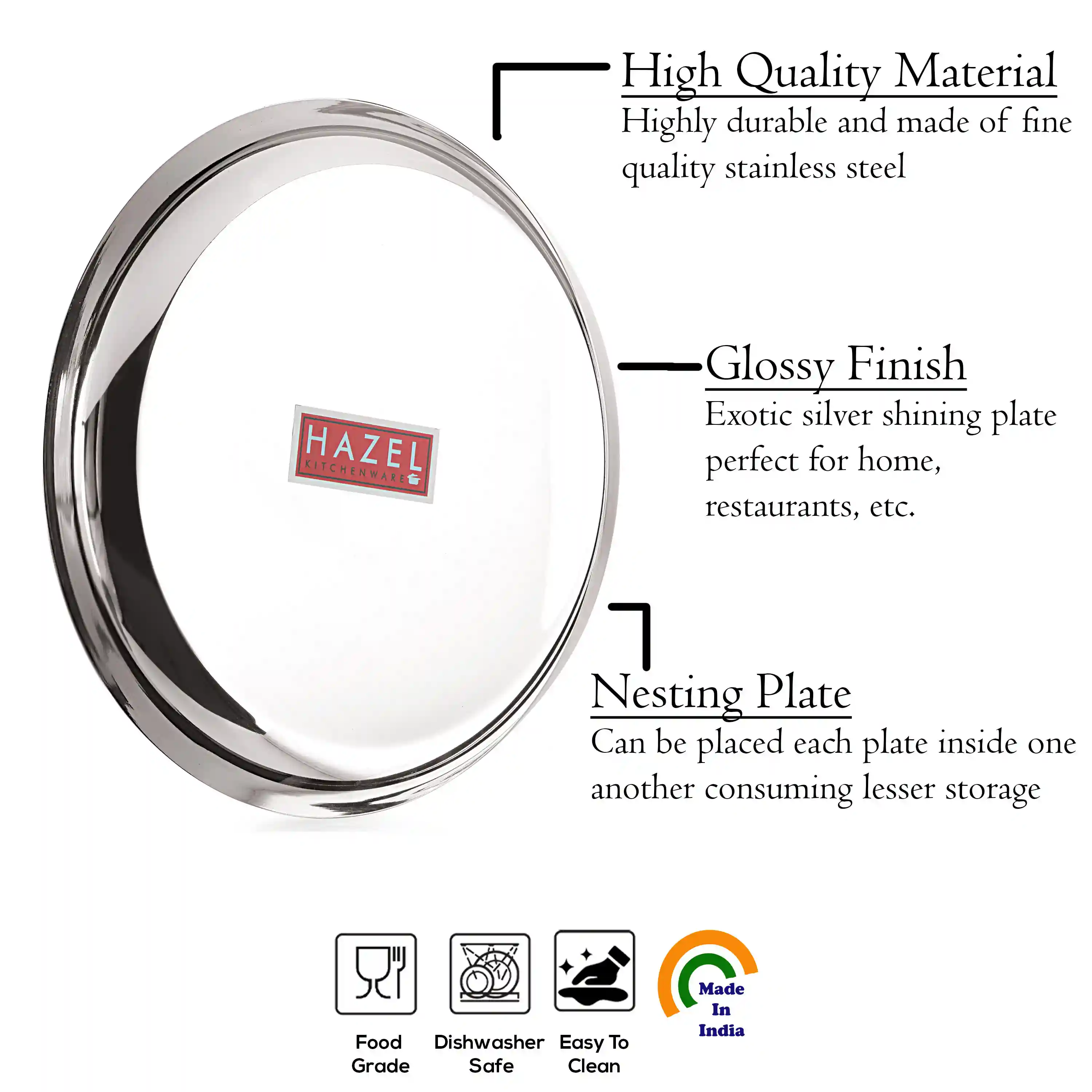 HAZEL Steel Plates for Lunch |Plates Set Steel for Dinner | Steel Dinner Plates Set, 26.8 cm, Set of 2