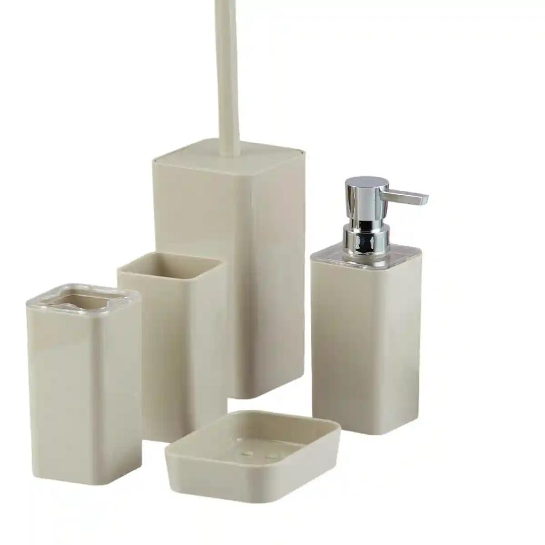 Kookee Acrylic Bathroom Accessories Set of 5, Modern Acrylic Bath Set with Liquid Soap Dispenser and Toothbrush Holder, Bathroom Accessory Set with Toilet Brush Gift Items for Home - Beige (10025)