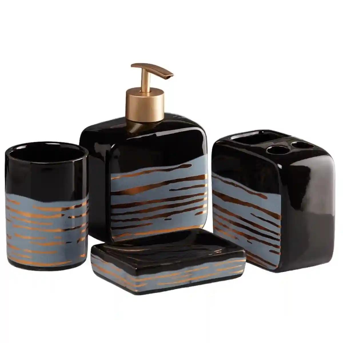 Kookee Ceramic Bathroom Accessories Set of 4, Modern Bath Set with Liquid handwash Soap Dispenser and Toothbrush holder, Luxury Gift Accessory for Home - Black (10074)