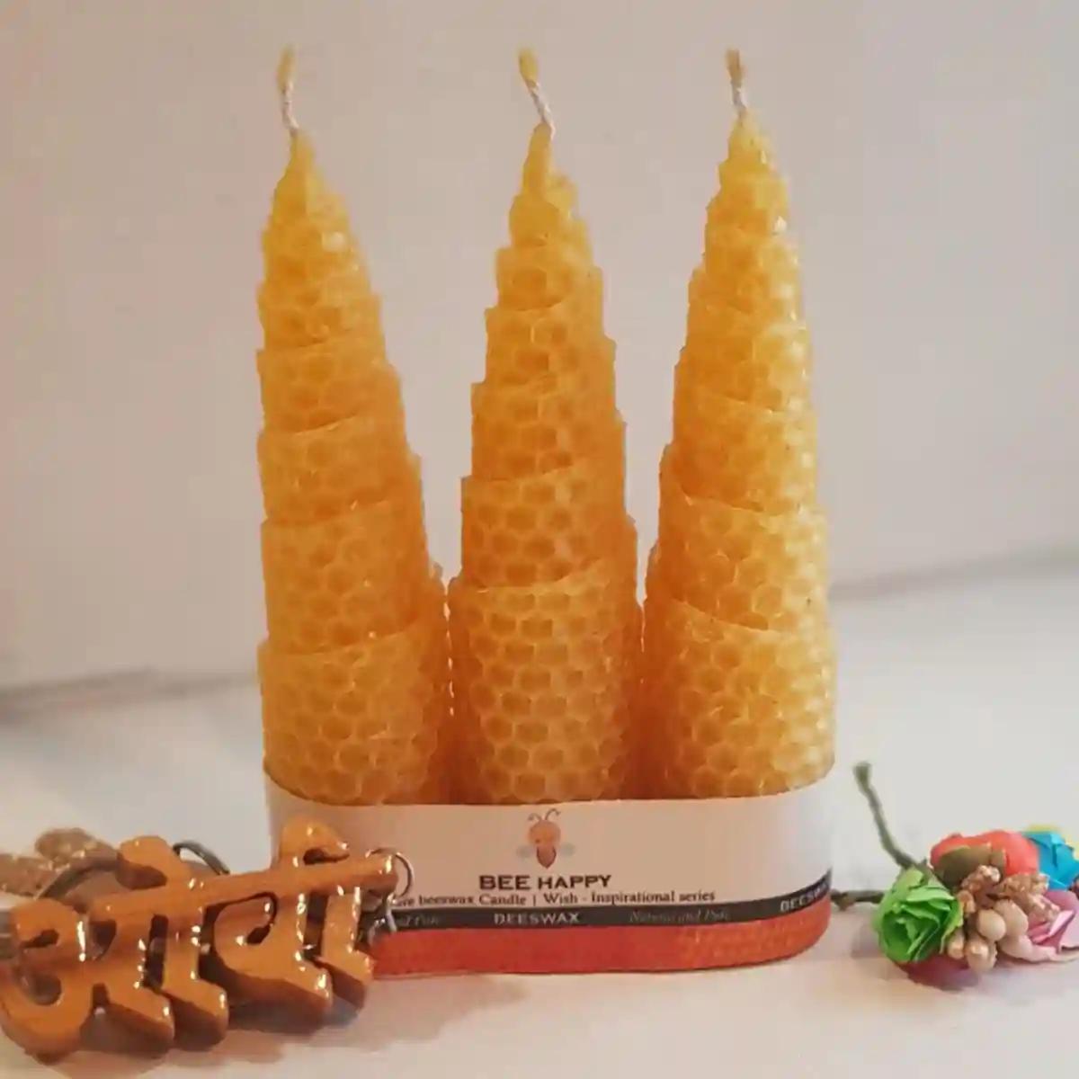 Bee Happy Pure Beeswax Hand Rolled Tree Candle (Pack of 3)