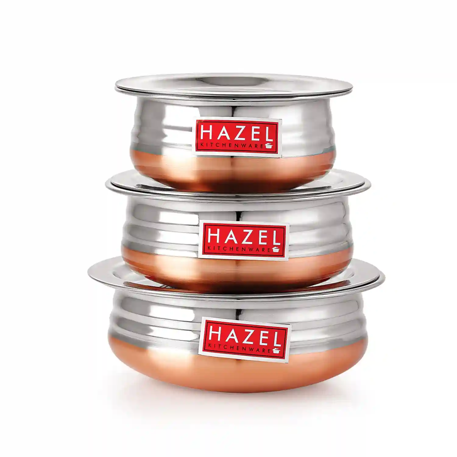 HAZEL Copper Bottom Urli Handi Set with Lid Cover| Premium Stainless Steel Cookware Set | Serving Cooking Tope Bowl for Kitchen | Copper Bottom Vessels for Cooking, 3 Piece