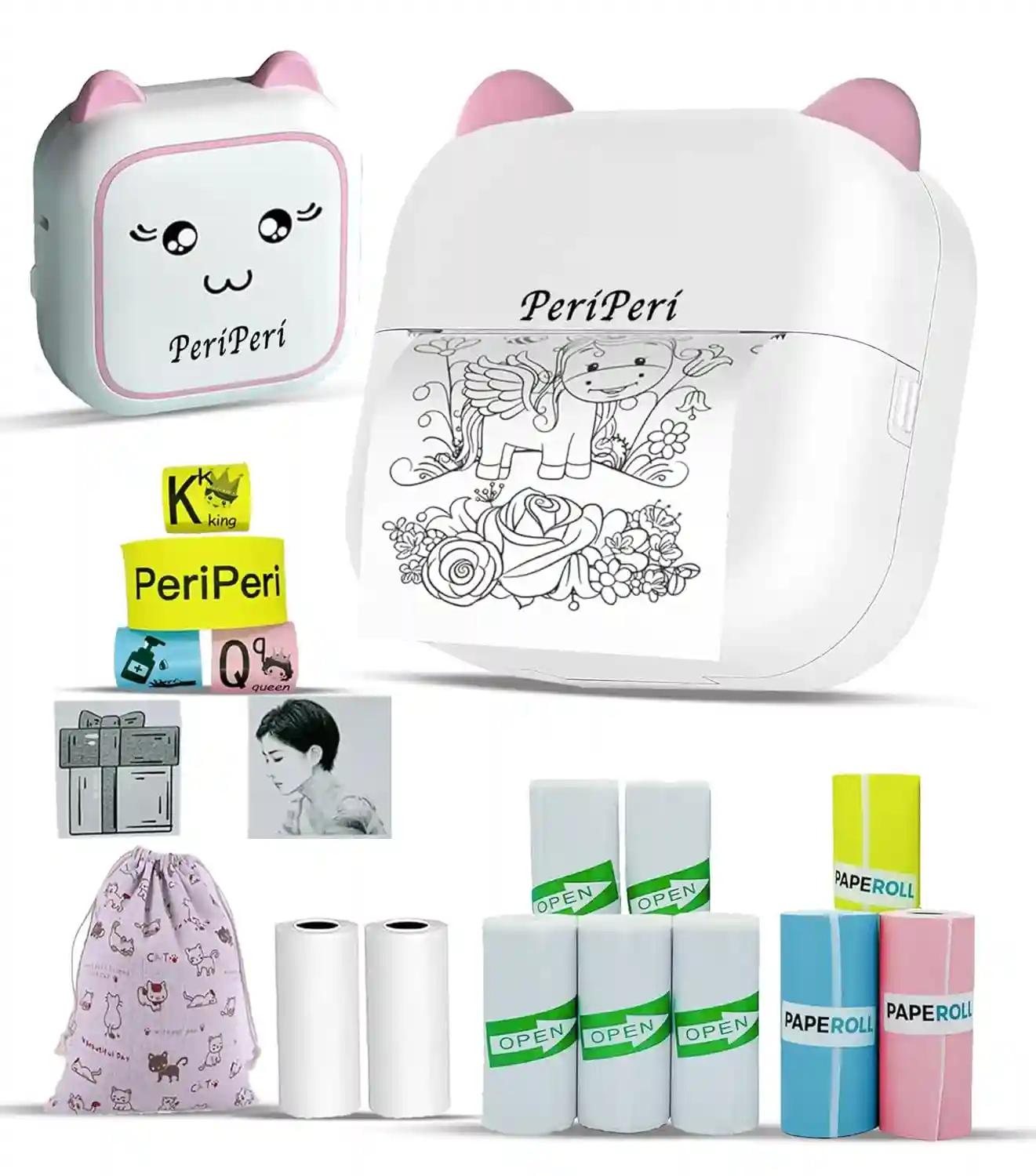 Periperi C23 Mini Thermal Printer Gift Box (2 Year Warranty) Inkless Bluetooth Pocket Printer With Pouch, 10 Paper & Sticker Rolls. Compatible With Ios, Android (Pink)