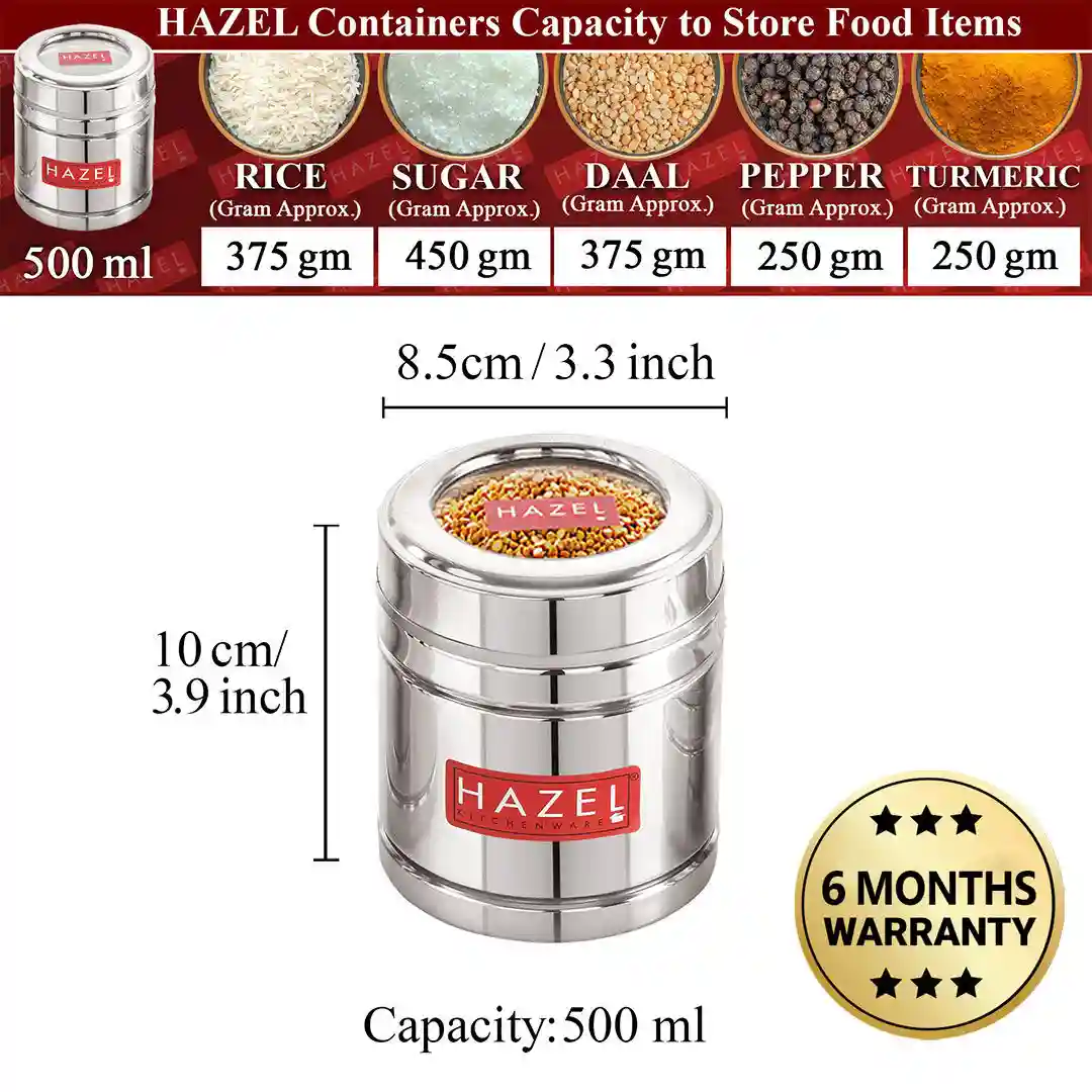 HAZEL Steel Coffee Container with Transparent Lid | Transparent Lid Coffee Powder Storage Box For Kitchen |Food Grade Steel Kitchen Container, Set of 2, 500 ML