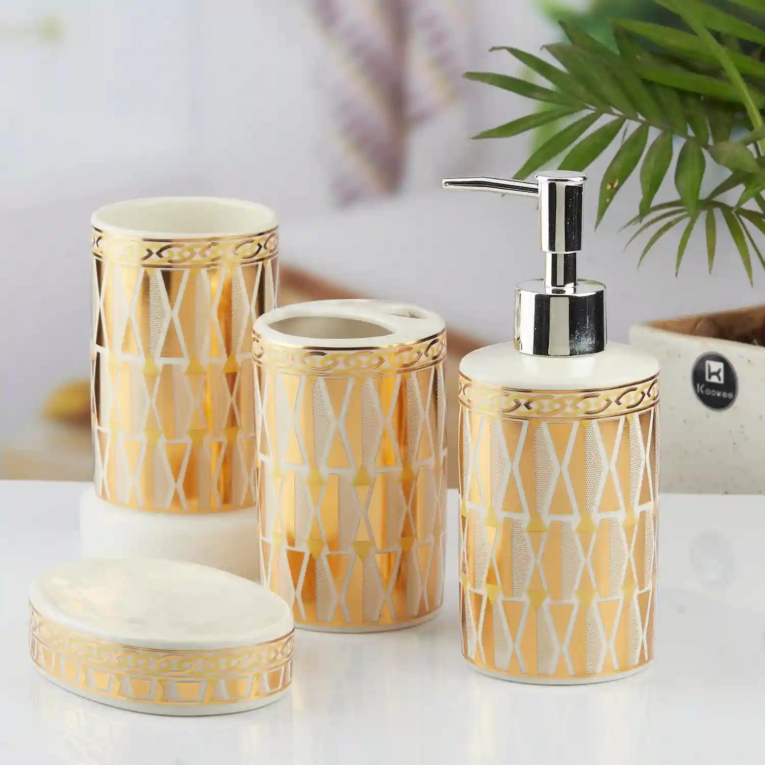 Kookee Ceramic Bathroom Accessories Set of 4, Modern Bath Set with Liquid hand wash Soap Dispenser and Toothbrush holder, Luxury Gift Accessory for Home, Gold (10394)